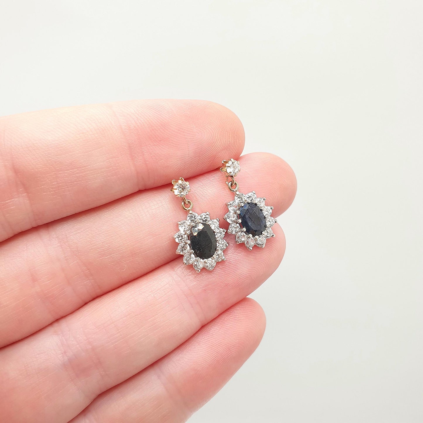 Vintage 9ct 9kt Gold Sapphire Earrings CZ Cluster Stud Hanging Drop Sparkly Solid 9k 375 Retro 1980s Cute Ladies Womens Jewelry Jewellery