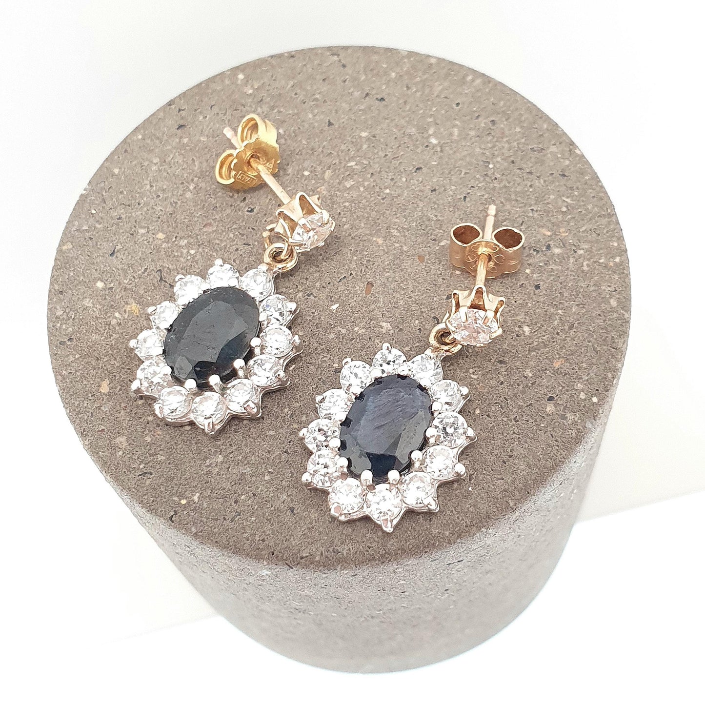 Vintage 9ct 9kt Gold Sapphire Earrings CZ Cluster Stud Hanging Drop Sparkly Solid 9k 375 Retro 1980s Cute Ladies Womens Jewelry Jewellery