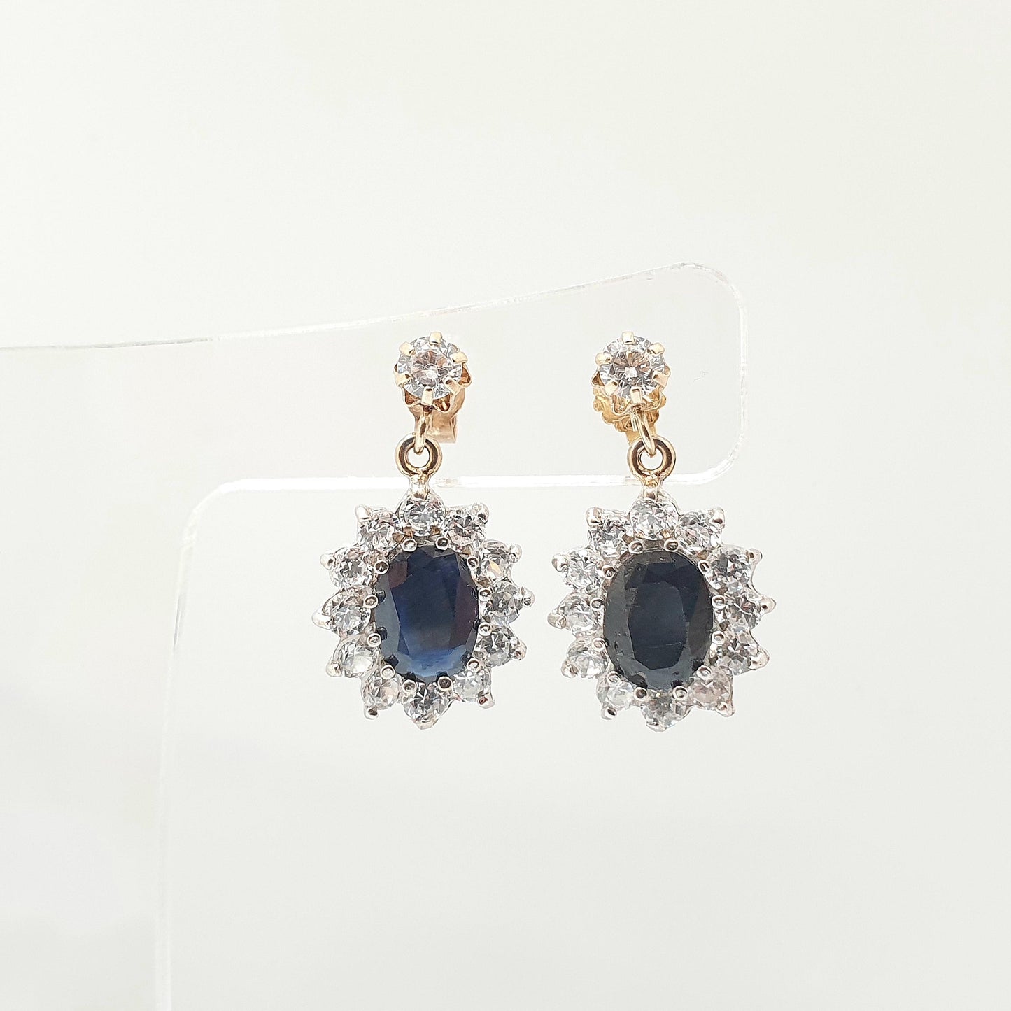 Vintage 9ct 9kt Gold Sapphire Earrings CZ Cluster Stud Hanging Drop Sparkly Solid 9k 375 Retro 1980s Cute Ladies Womens Jewelry Jewellery