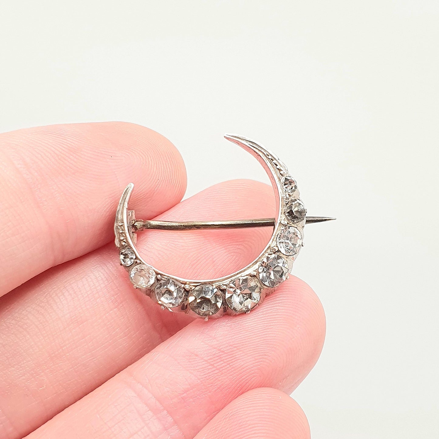 Antique Crescent Moon Solid Silver Brooch Victorian Diamond Paste Foiled Backs Sparkly Celestial Jewelry Jewellery Vintage Moons Pastes