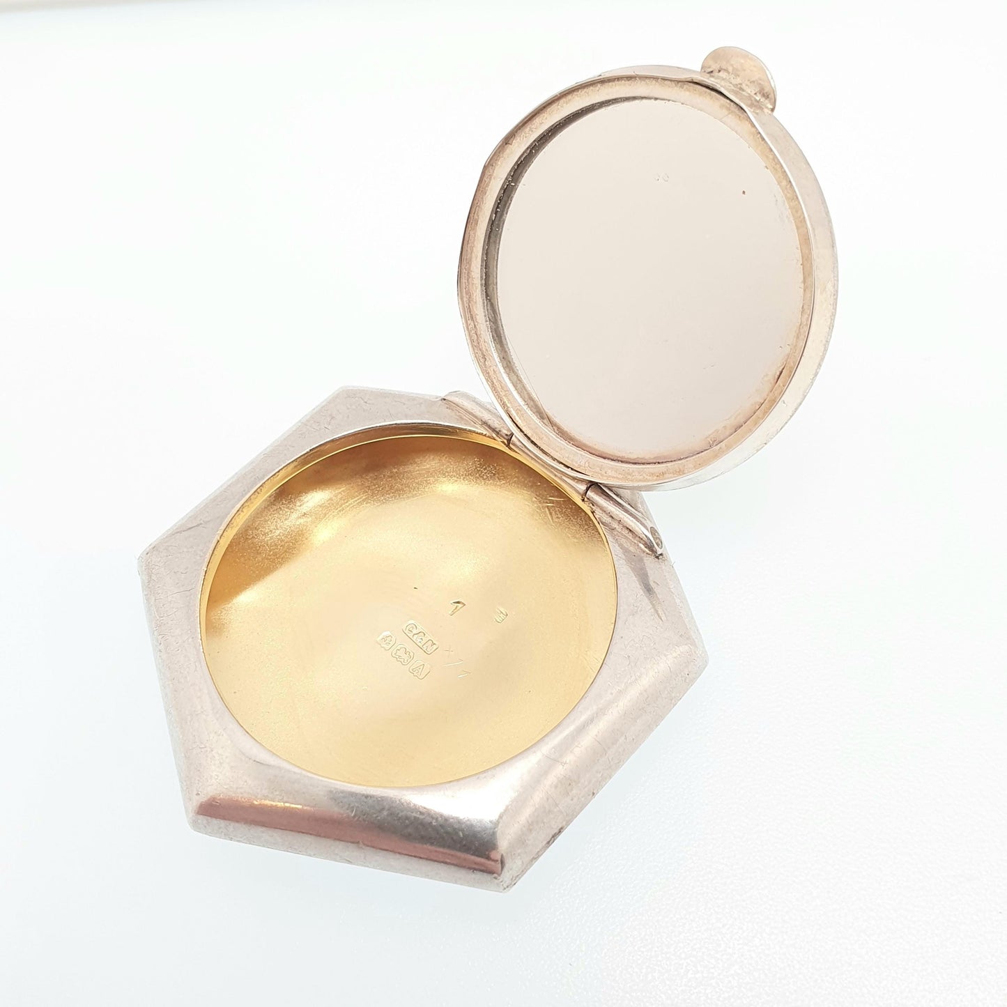 Antique Sterling Silver Powder Compact Locket Pendant Heart Hexagon Mirror 1925 Hallmarked Vintage Solid 925 Womens Jewelry Jewellery