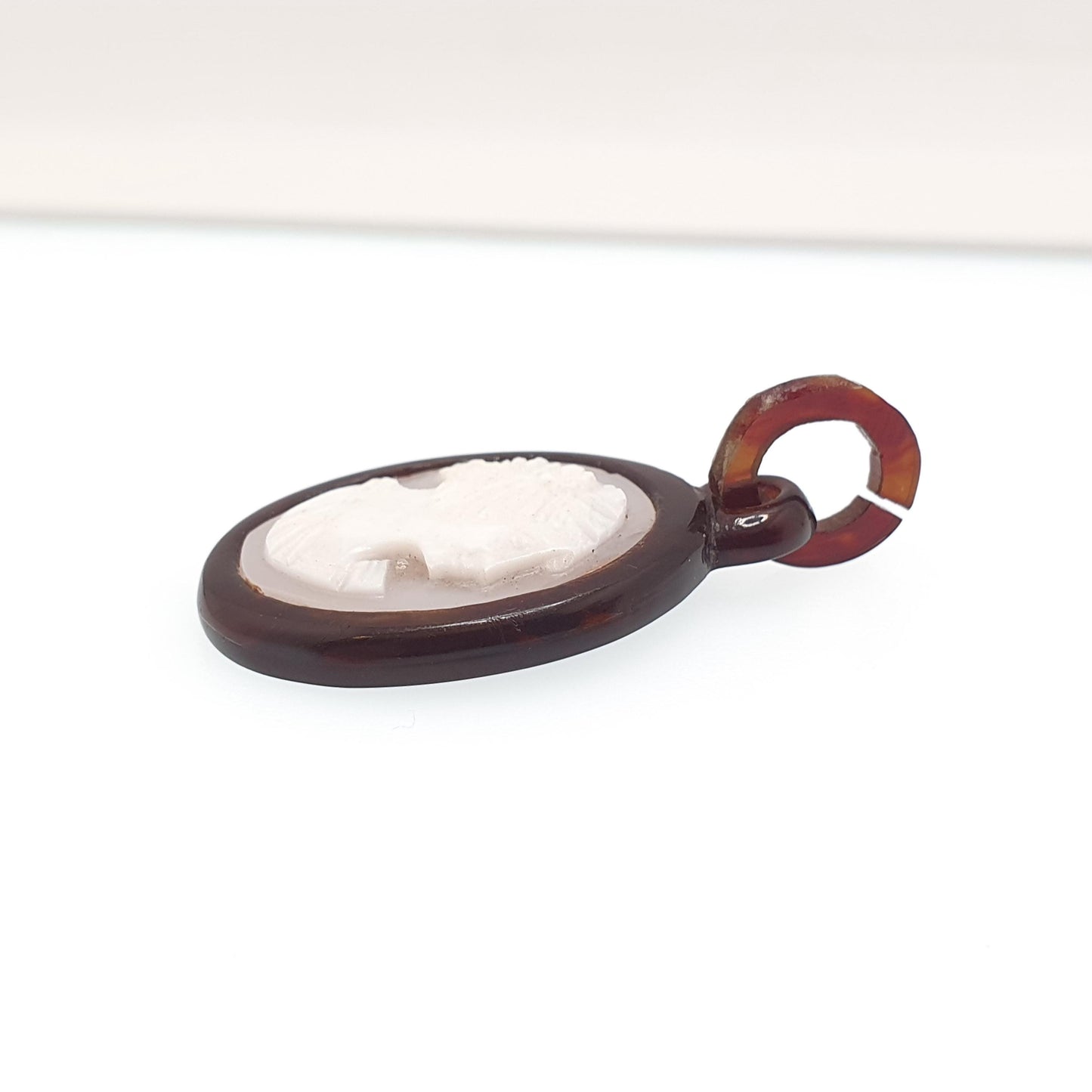 Antique Cameo Necklace Pendant Faux Tortoise Shell Early Plastic Hand Carved Handmade Italian Vintage Womens Jewelry Jewellery