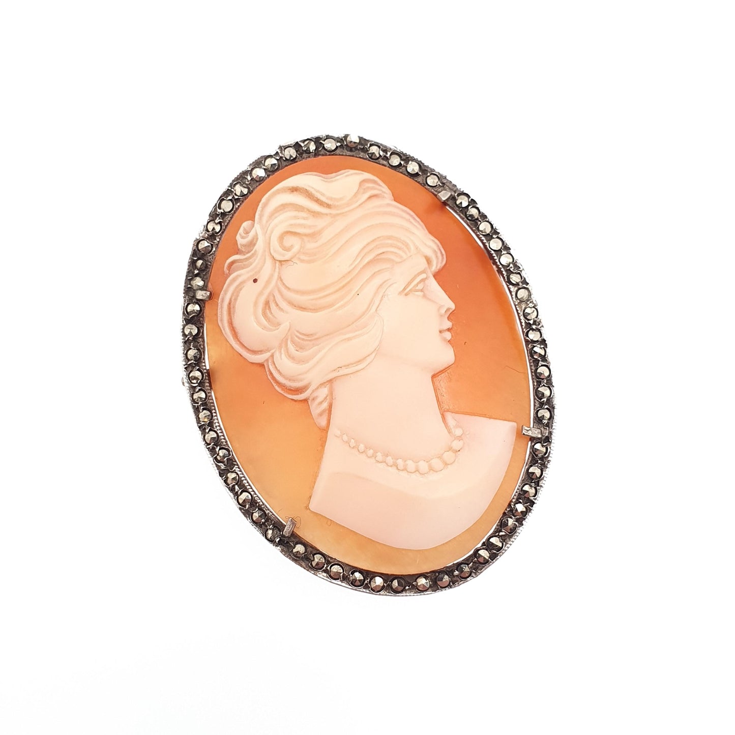 Antique Solid Silver Cameo Pendant Brooch Large Big Pearl Necklace Genuine Shell Fine Carved Marcasite Art Deco Vintage Jewelry Jewellery