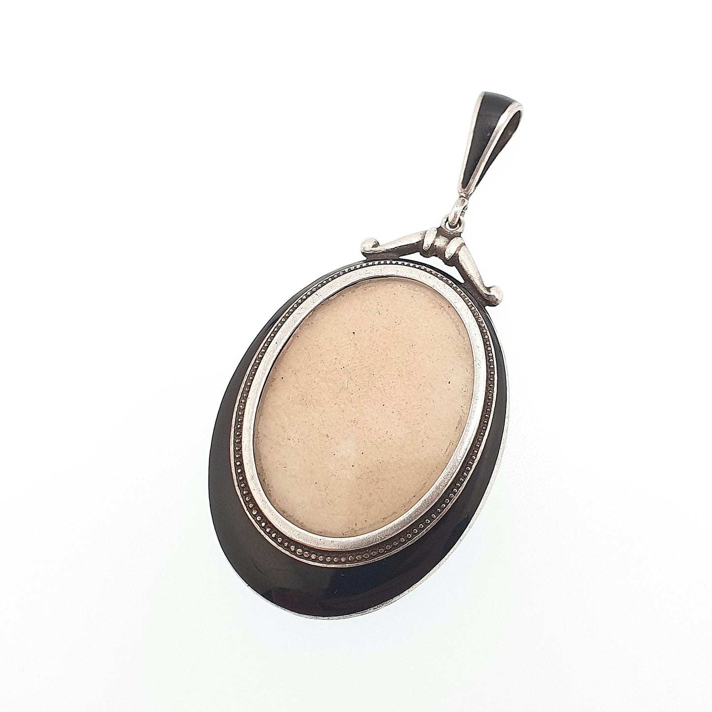 Antique Sterling Silver Black Enamel Locket Double Sided Pendant Necklace Large Big 1916 Hallmarked Mourning Womens Jewelry Jewellery