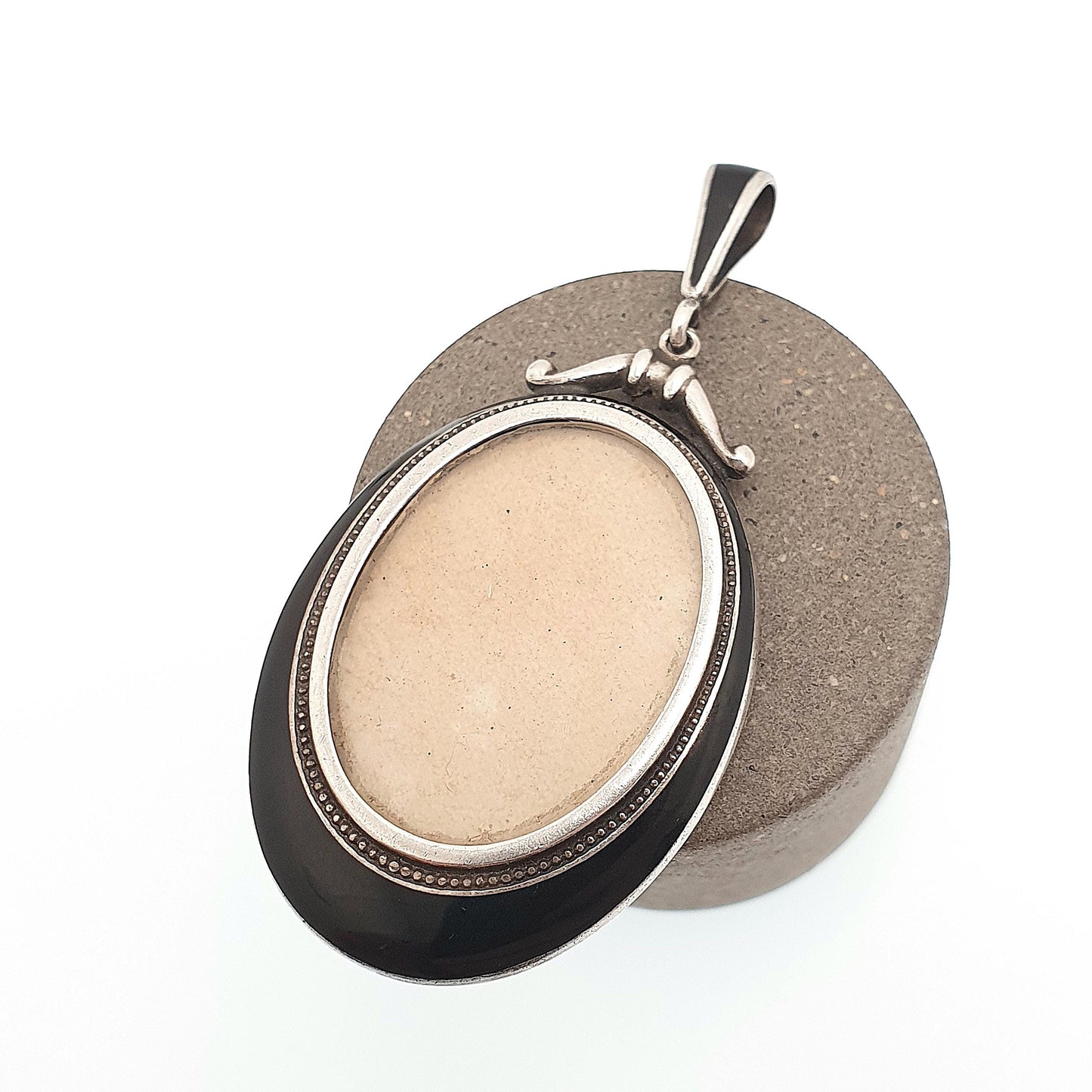 Antique Sterling Silver Black Enamel Locket Double Sided Pendant Necklace Large Big 1916 Hallmarked Mourning Womens Jewelry Jewellery