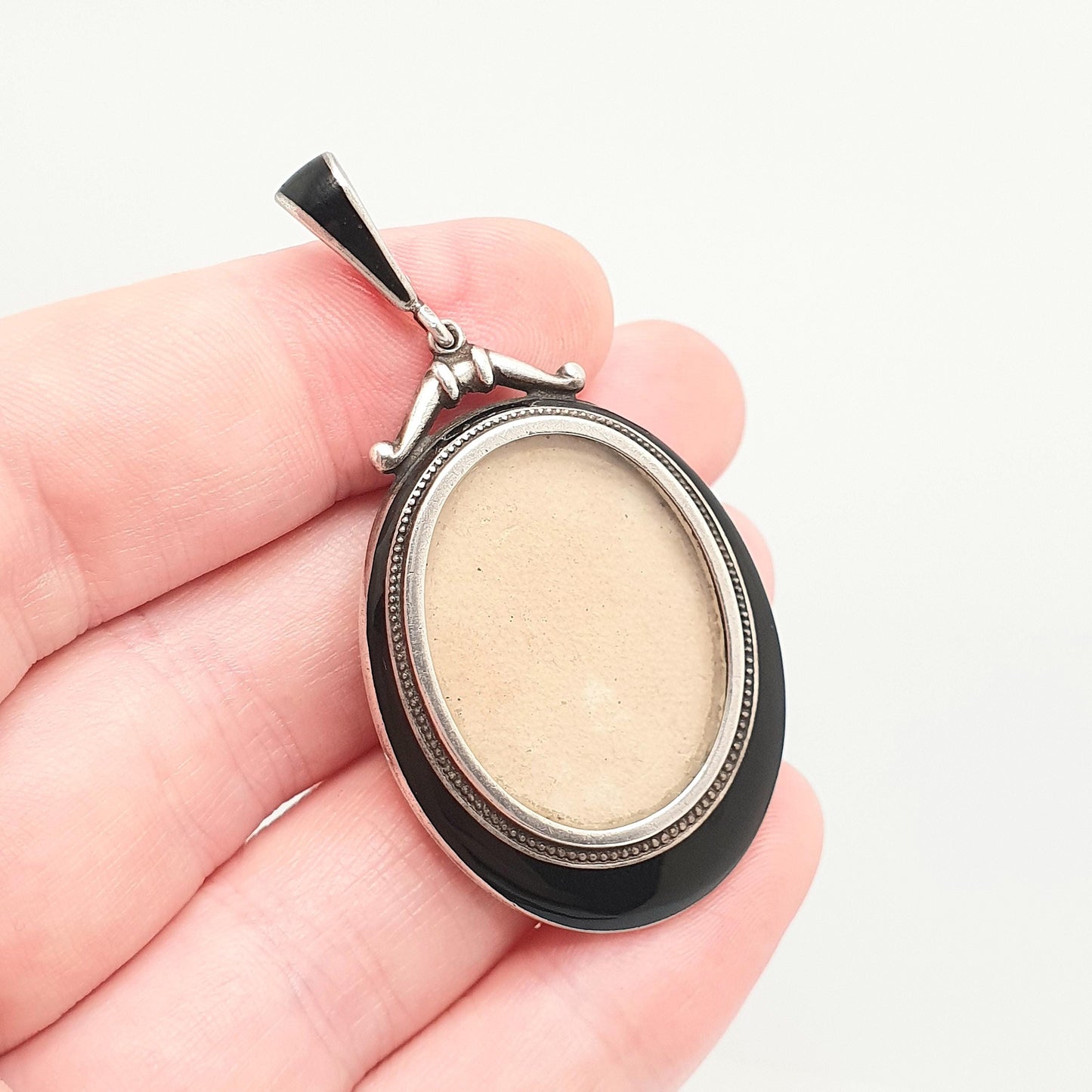 Antique Sterling Silver Black Enamel Locket Double Sided Pendant Necklace Large Big 1916 Hallmarked Mourning Womens Jewelry Jewellery