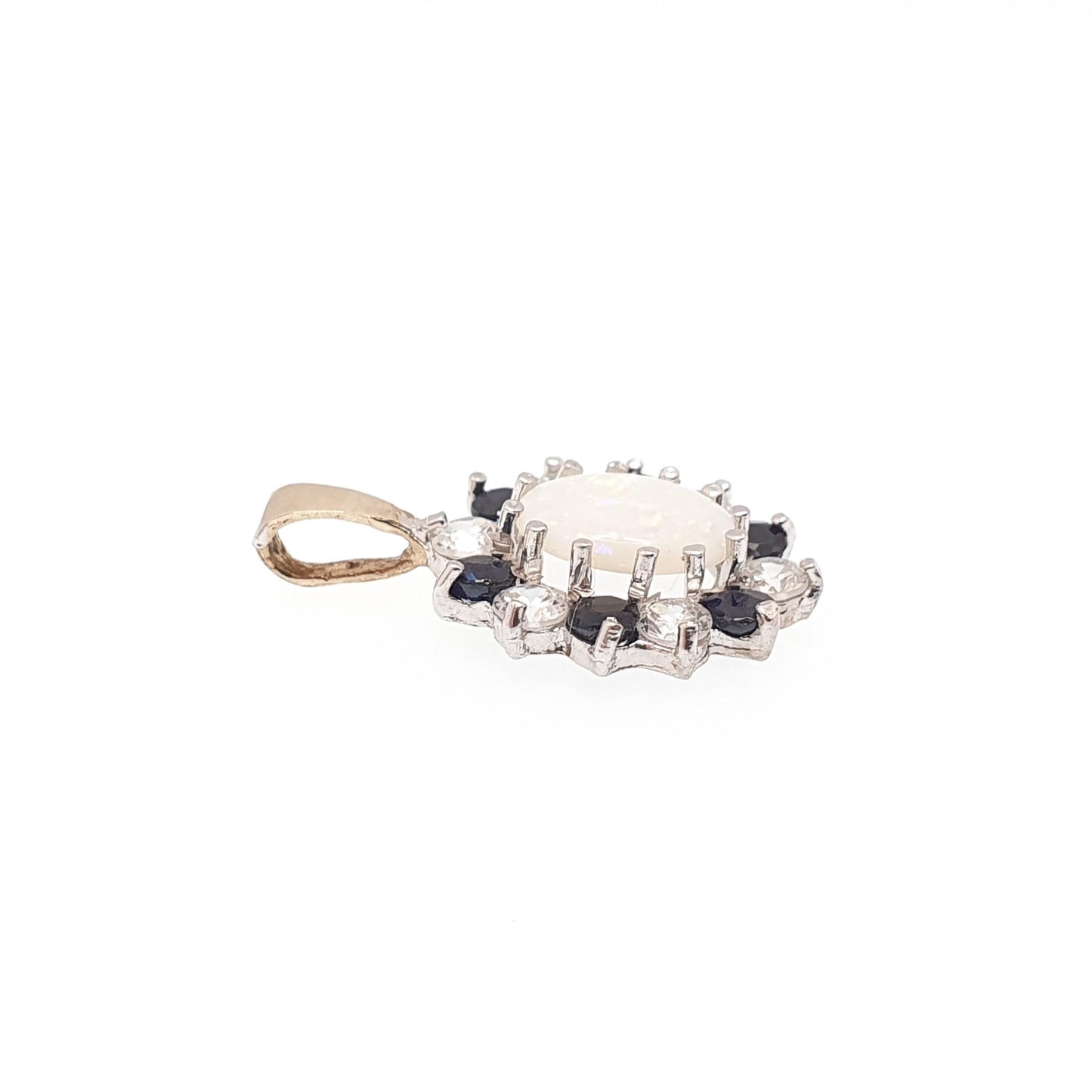 Vintage 9k 9ct Gold Opal Sapphire Cluster Pendant Solid 375 9 Carat Retro White Necklace Sparkly Womens Cute Ladies Jewelry Jewellery