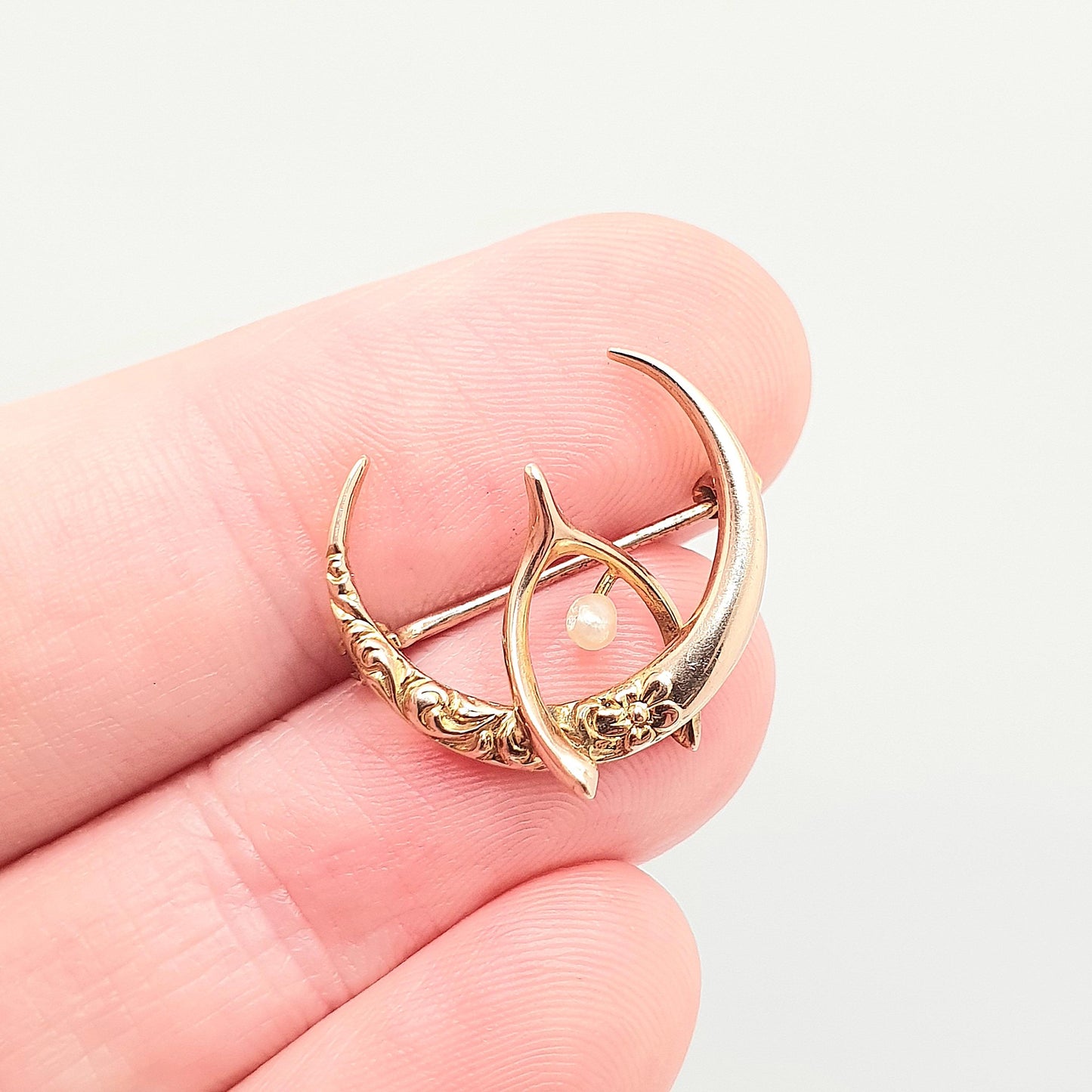 Antique 10k Gold Crescent Moon & Wishbone Brooch Seed Pearl Pin Solid 417 Victorian Celestial Lucky Good Luck Womens Jewelry Jewellery