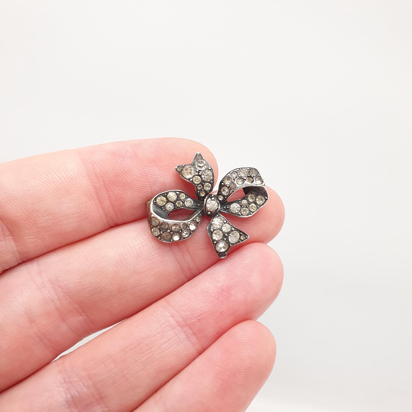 Antique Sterling Silver Diamond Paste Bow Brooch Pin Parisian Diamond Company Pastes Late 1800s Vintage Estate Womens Jewelry Jewellery