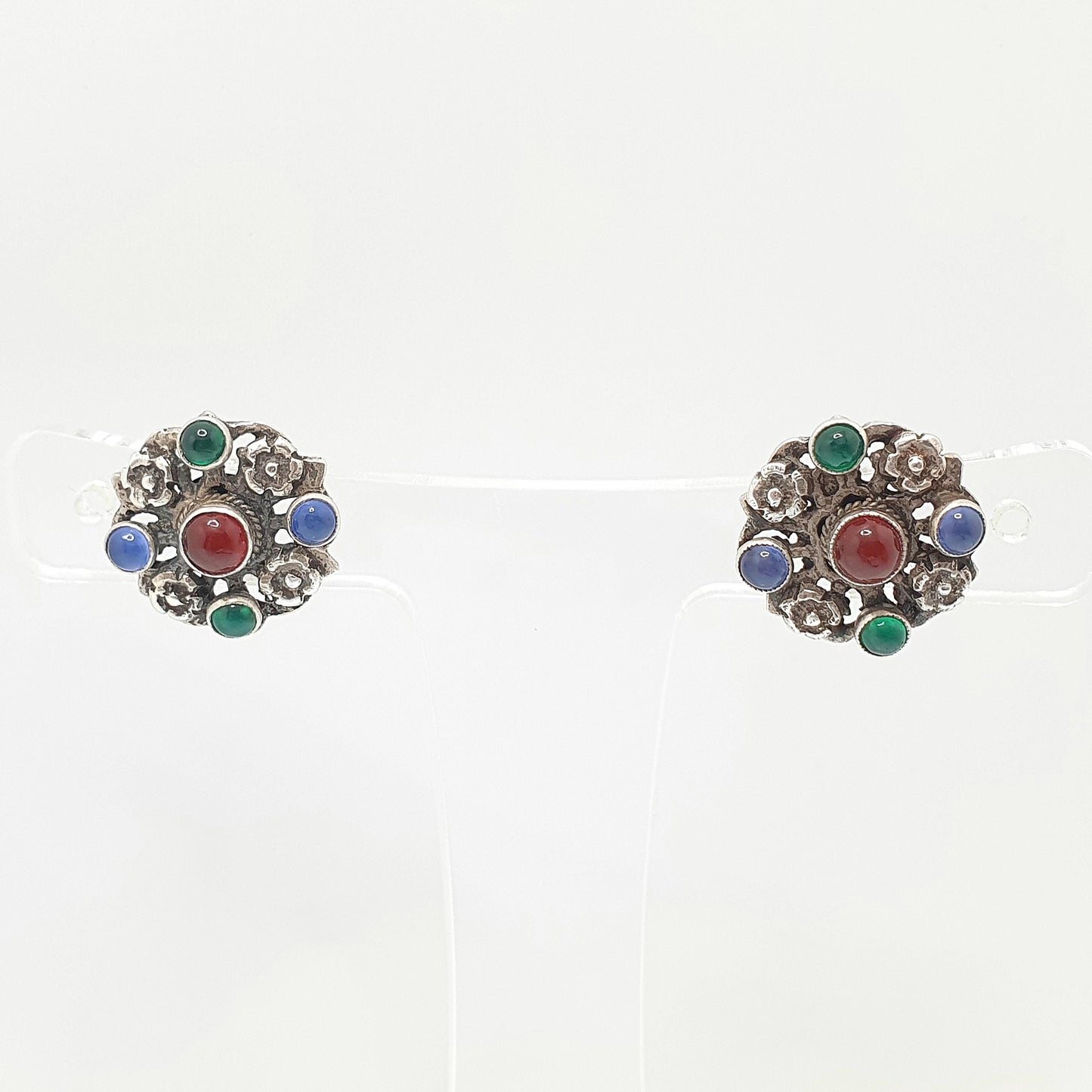 Antique Solid Silver Austro Hungarian Earrings Carnelian Chrysoprase Blue Chalcedony Stud Art Nouveau Vintage Womens Jewelry Jewellery