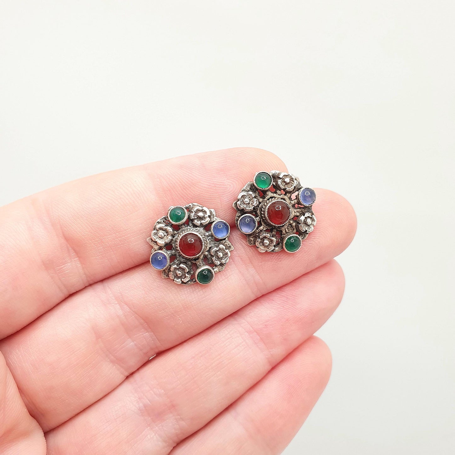 Antique Solid Silver Austro Hungarian Earrings Carnelian Chrysoprase Blue Chalcedony Stud Art Nouveau Vintage Womens Jewelry Jewellery