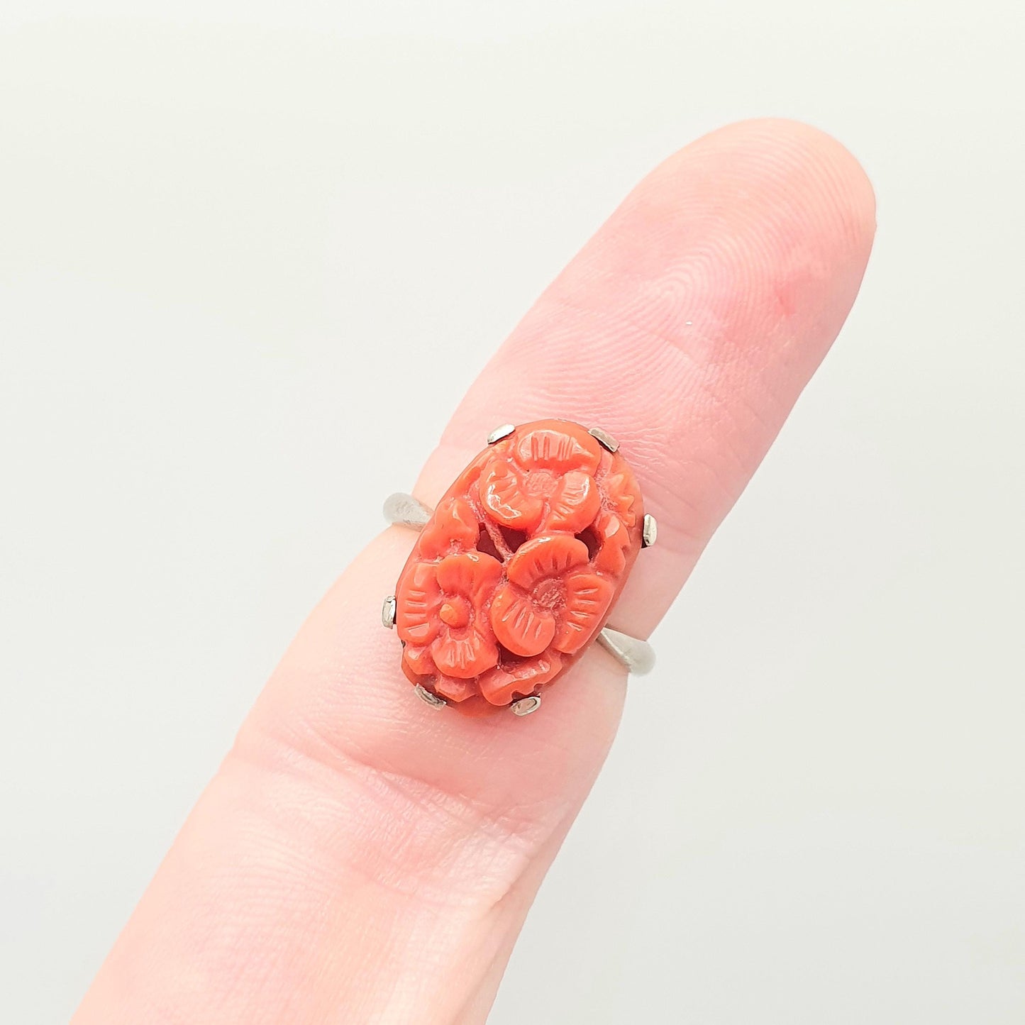 Antique 9ct 9k Gold Coral Ring Hand Carved Art Deco 1920s White Gold Unique Solid 375 Womens Genuine Natural Vintage Jewellery Jewelry