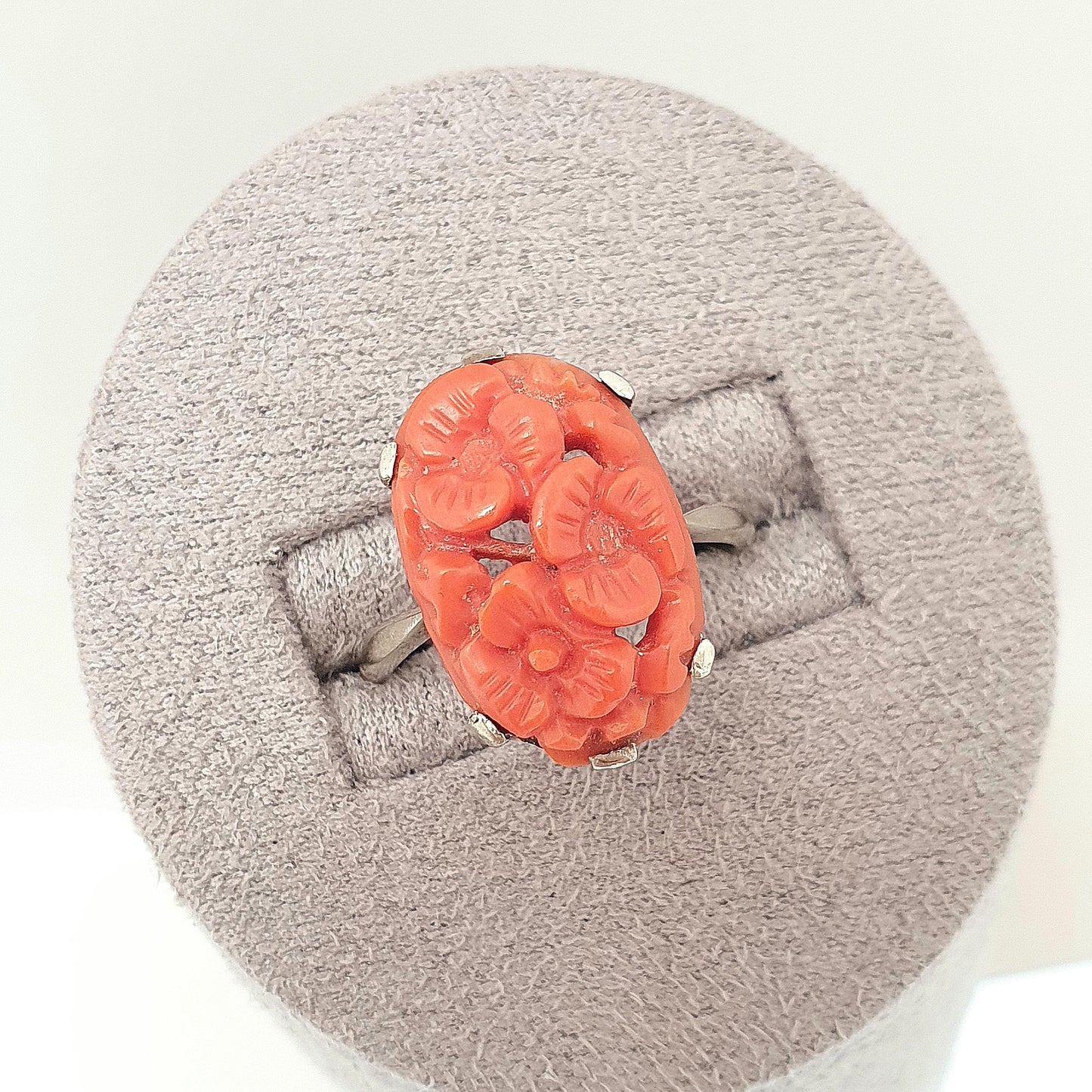 Antique 9ct 9k Gold Coral Ring Hand Carved Art Deco 1920s White Gold Unique Solid 375 Womens Genuine Natural Vintage Jewellery Jewelry