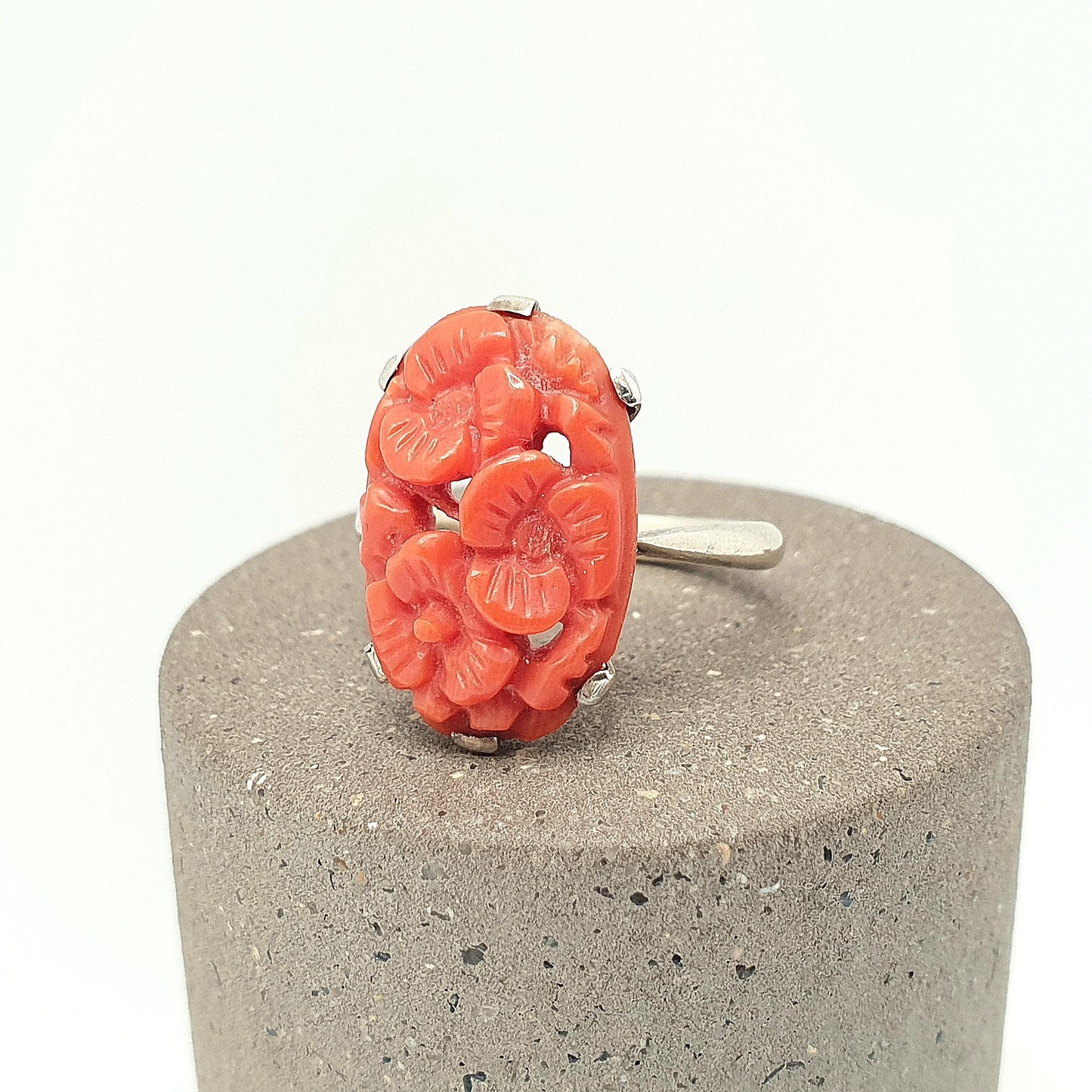 Antique 9ct 9k Gold Coral Ring Hand Carved Art Deco 1920s White Gold Unique Solid 375 Womens Genuine Natural Vintage Jewellery Jewelry