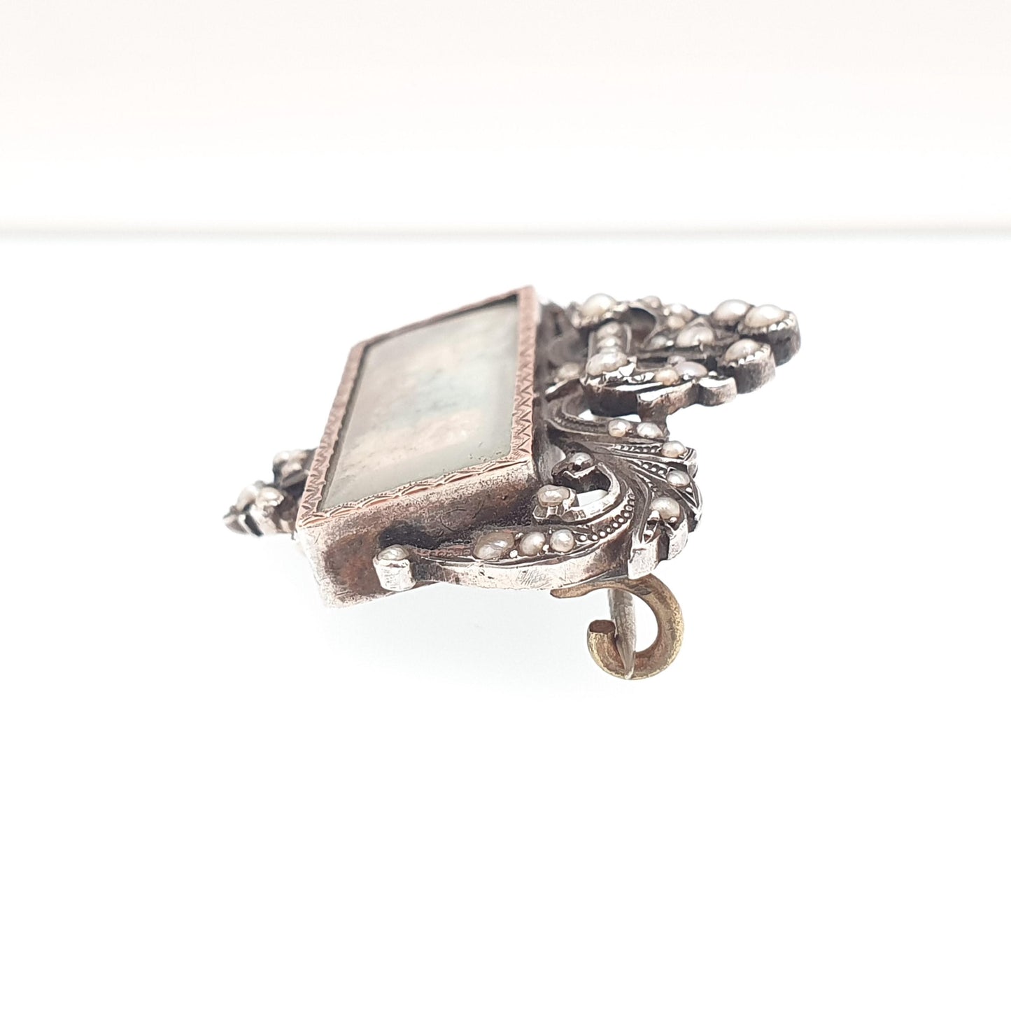Antique Georgian Solid Silver Portrait Brooch Seed Pearl Cherub Hand Painted Pin Rococo Renaissance Revival Vintage Jewelry Jewellery