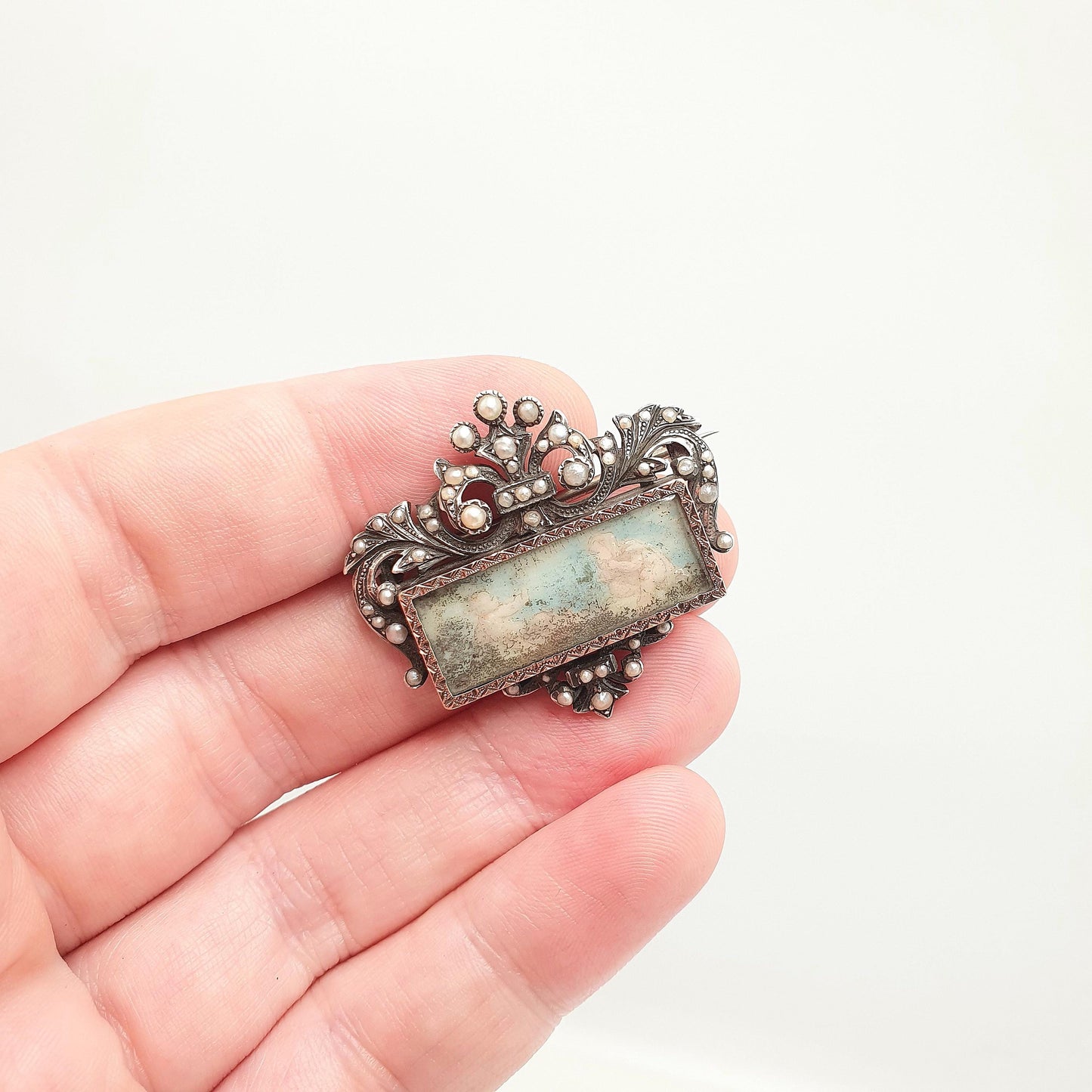Antique Georgian Solid Silver Portrait Brooch Seed Pearl Cherub Hand Painted Pin Rococo Renaissance Revival Vintage Jewelry Jewellery