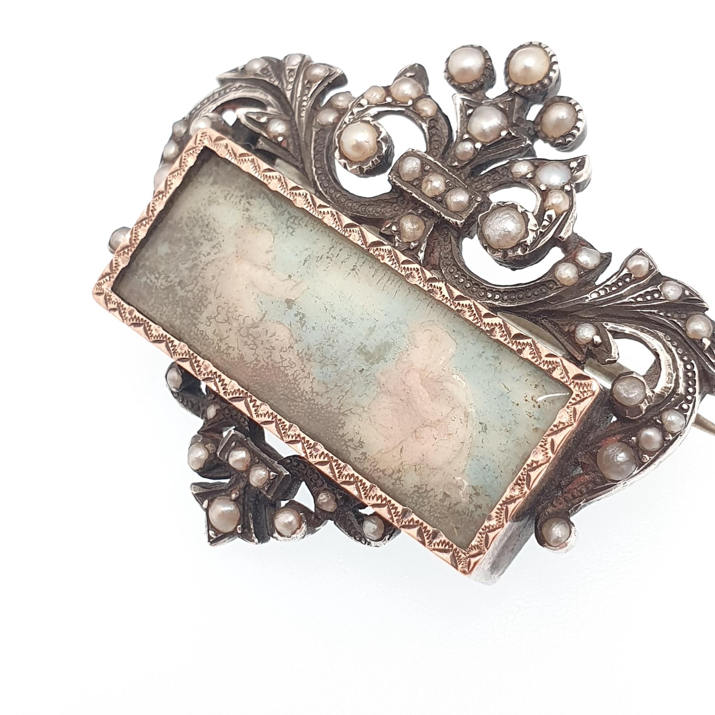 Antique Georgian Solid Silver Portrait Brooch Seed Pearl Cherub Hand Painted Pin Rococo Renaissance Revival Vintage Jewelry Jewellery