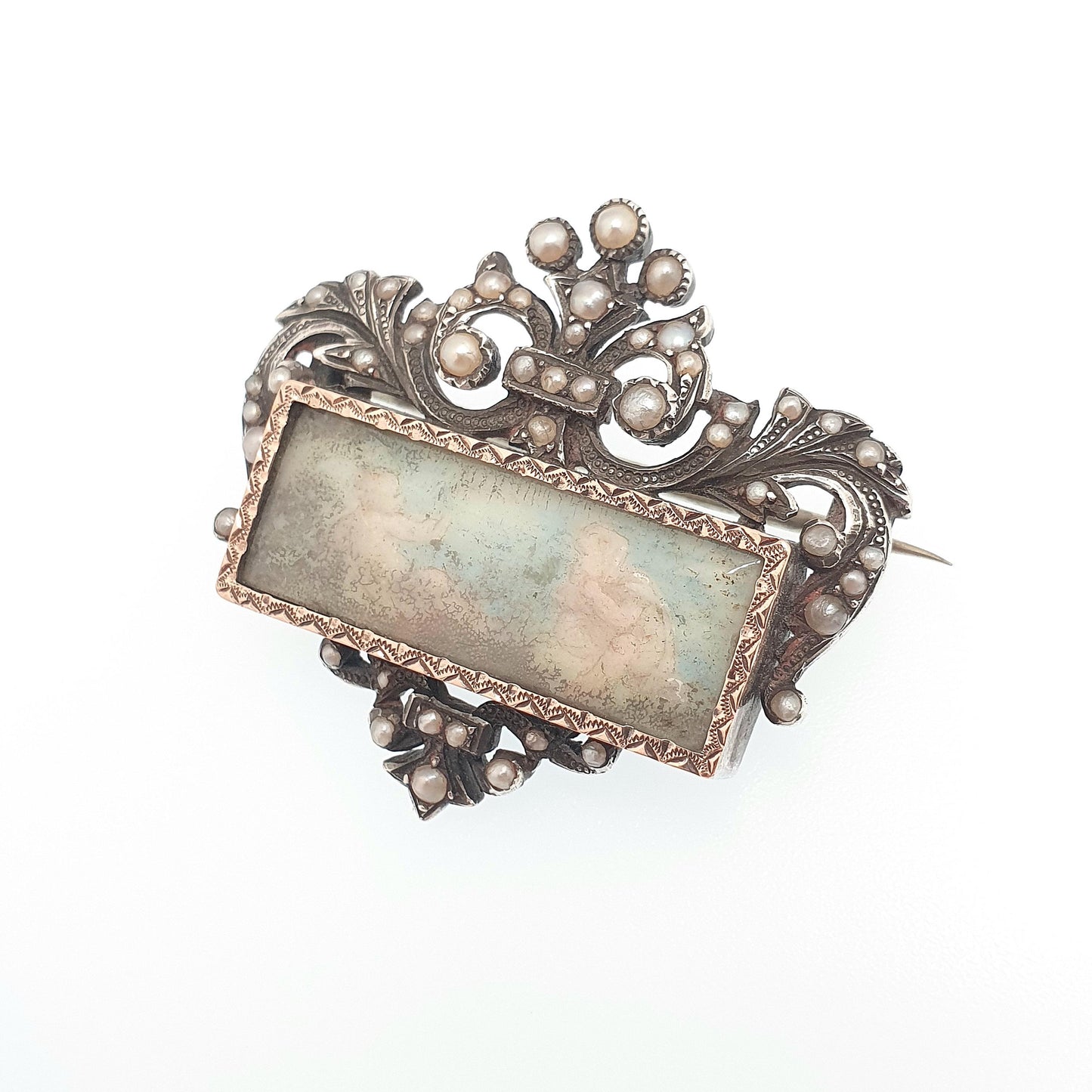 Antique Georgian Solid Silver Portrait Brooch Seed Pearl Cherub Hand Painted Pin Rococo Renaissance Revival Vintage Jewelry Jewellery