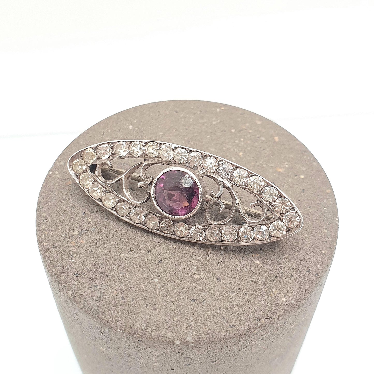 Antique Solid Silver Amethyst Paste Brooch Victorian Diamond Pastes Cluster Ellipse Eye Shape 1800s Genuine Vintage Womens Jewelry Jewellery