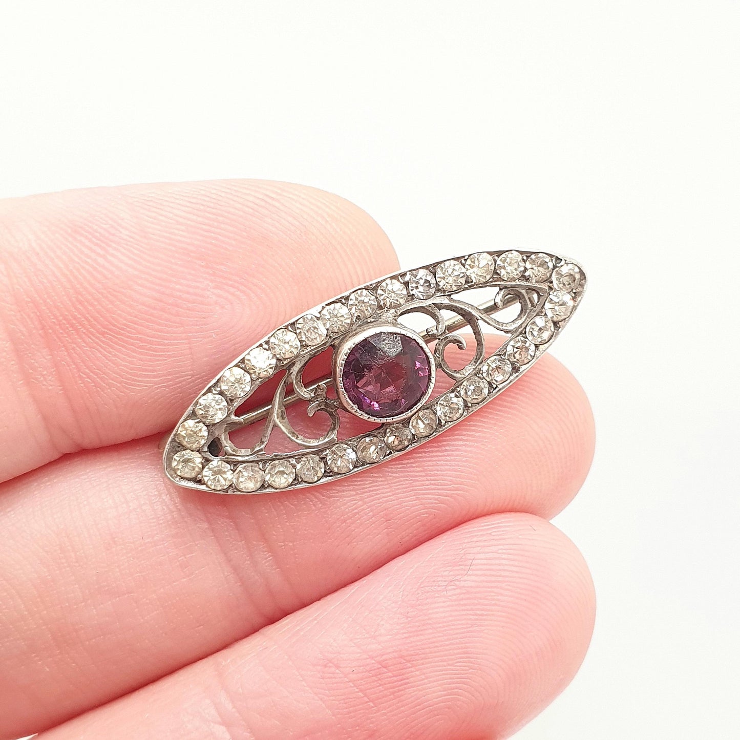 Antique Solid Silver Amethyst Paste Brooch Victorian Diamond Pastes Cluster Ellipse Eye Shape 1800s Genuine Vintage Womens Jewelry Jewellery