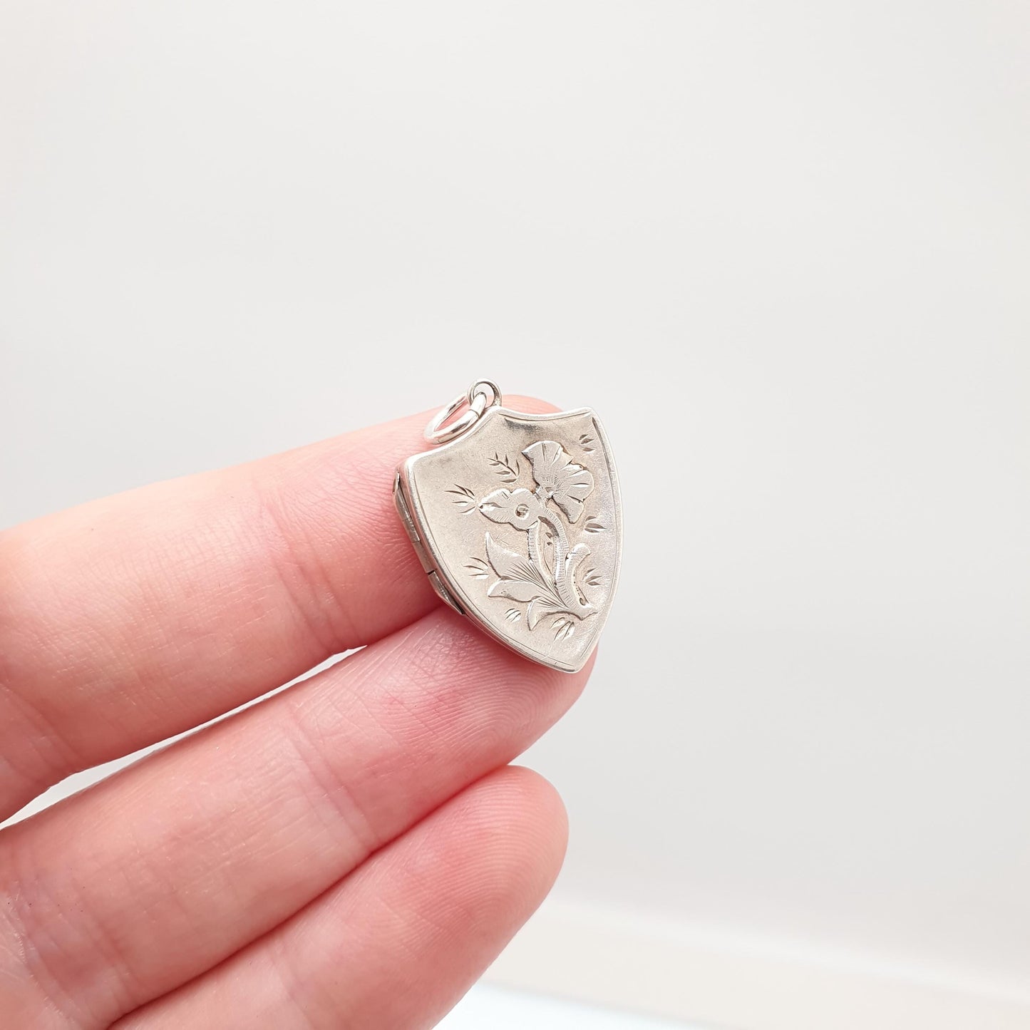 Antique Sterling Silver Shield Locket Necklace 1887 Hallmarked Pendant Victorian Flower Floral Vintage Womens Ladies Jewelry Jewellery