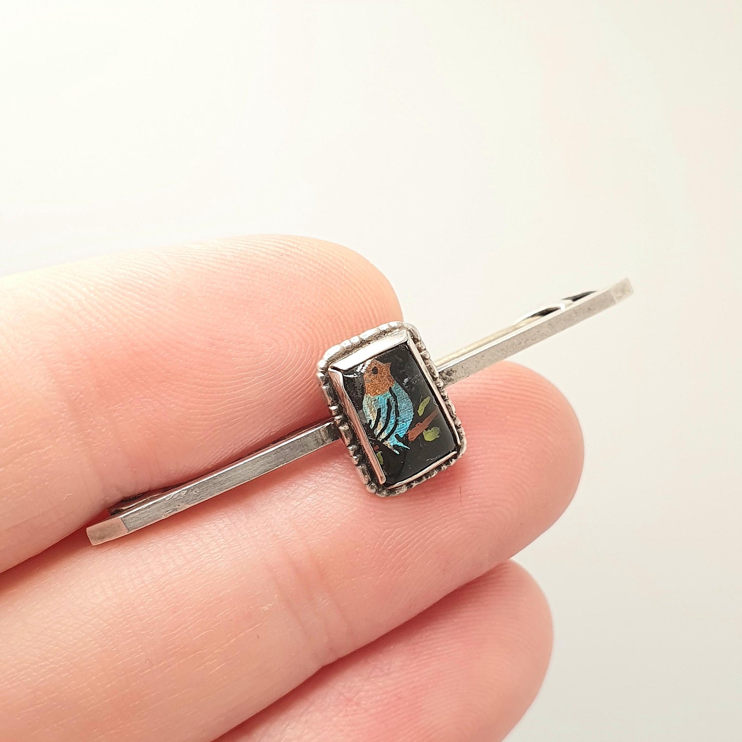 Antique Bird Butterfly Wing Brooch Pin Solid Silver Art Deco Hand Painted Blue Morpho Insect Bug Womens Jewellery Jewelry Old Vintage