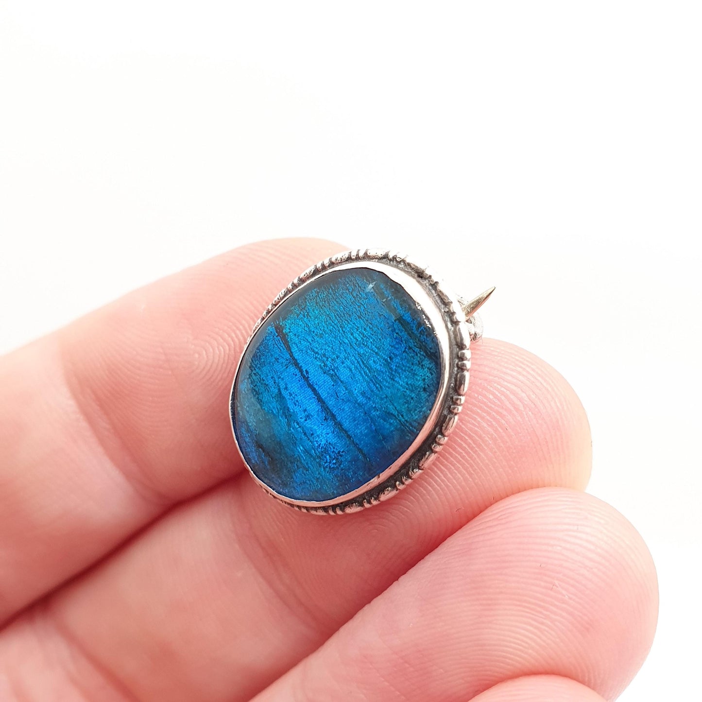 Antique Sterling Silver Butterfly Wing Brooch Oval Art Deco Morhpo Blue Womens Jewelry Handmade 1920s Vintage Insect Jewellery