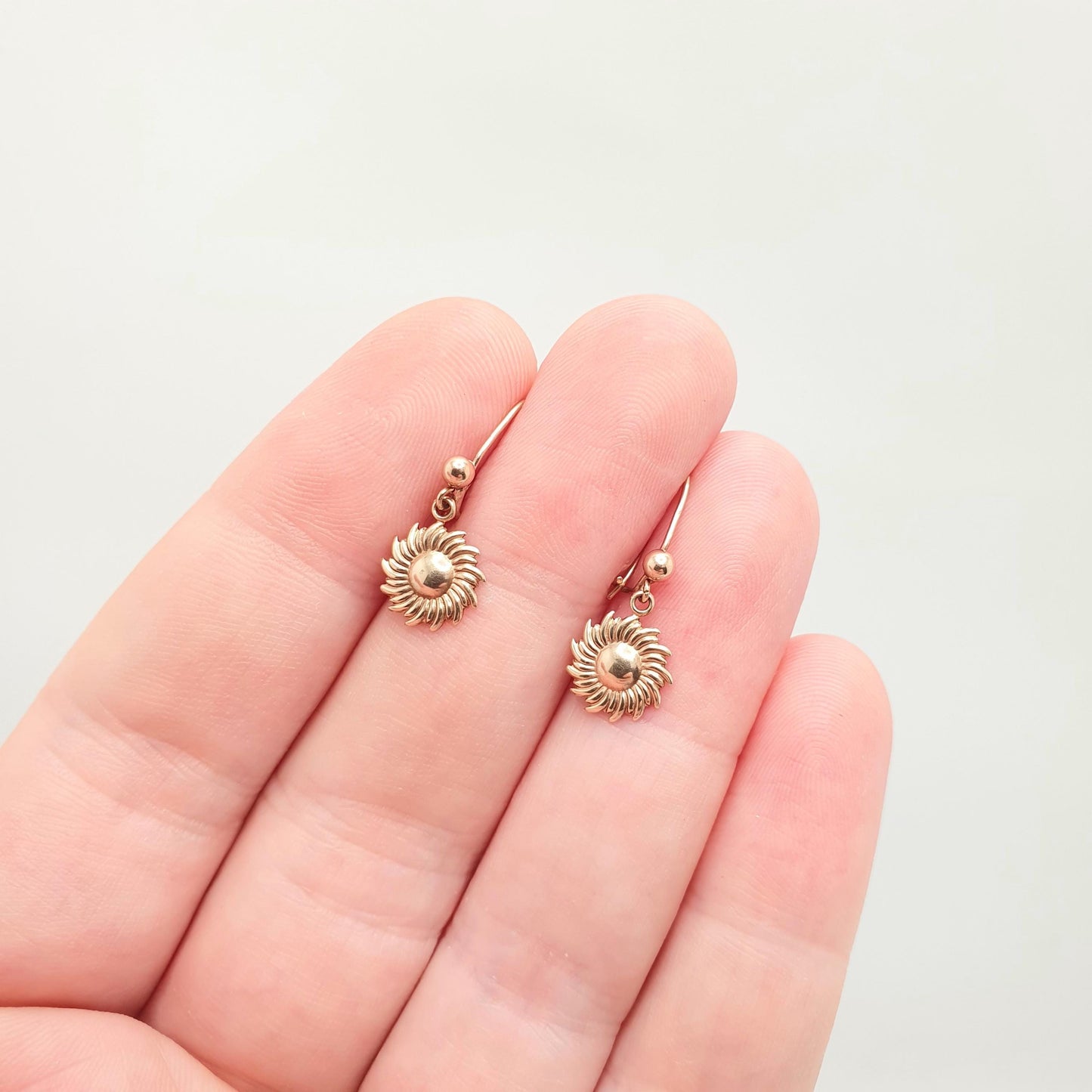Antique 9k 9ct Gold Sun Earrings Hook Drop Dangle Art Deco Sunburst Solid 375 Egyptian Style Vintage Dress Womens Jewellery Jewellery