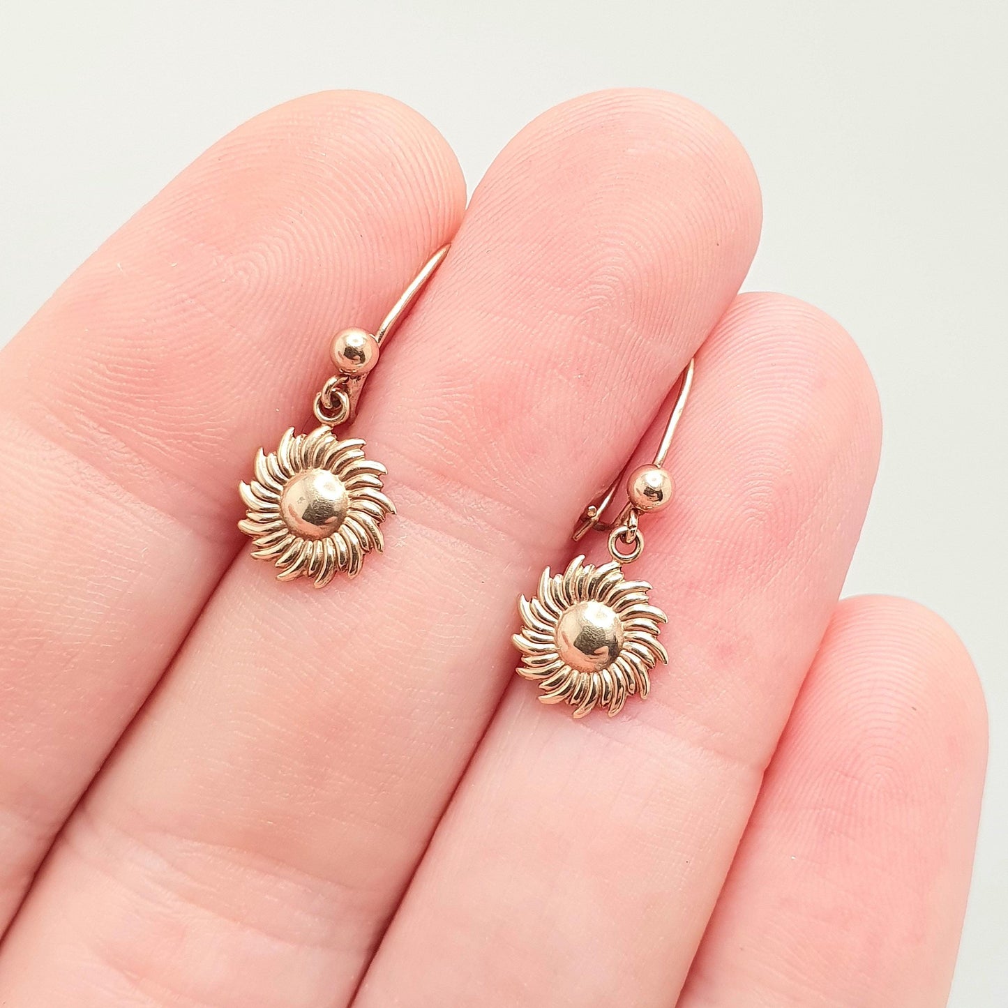 Antique 9k 9ct Gold Sun Earrings Hook Drop Dangle Art Deco Sunburst Solid 375 Egyptian Style Vintage Dress Womens Jewellery Jewellery