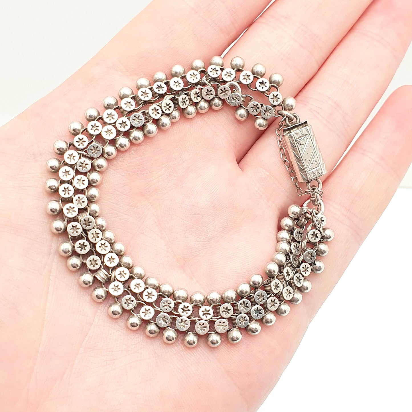 Antique Victorian Solid Silver Bracelet Star Pierced Belcher Chain Rolo Links Vintage Albertina Book Chain Vintage Womens Jewellery Jewelry