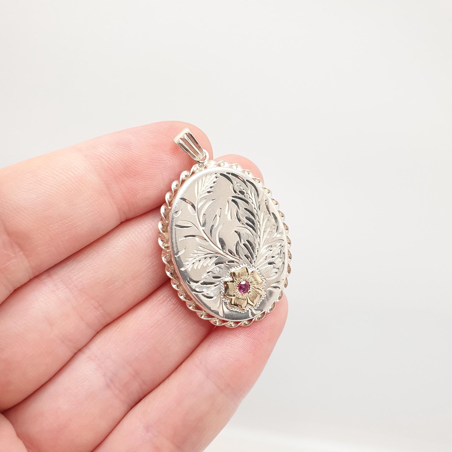 Vintage Sterling Silver Ruby Locket Pendant Necklace Large Oval Flower Gold Highlight Hallmarked Gemstone Picture Photo Jewelry Jewellery