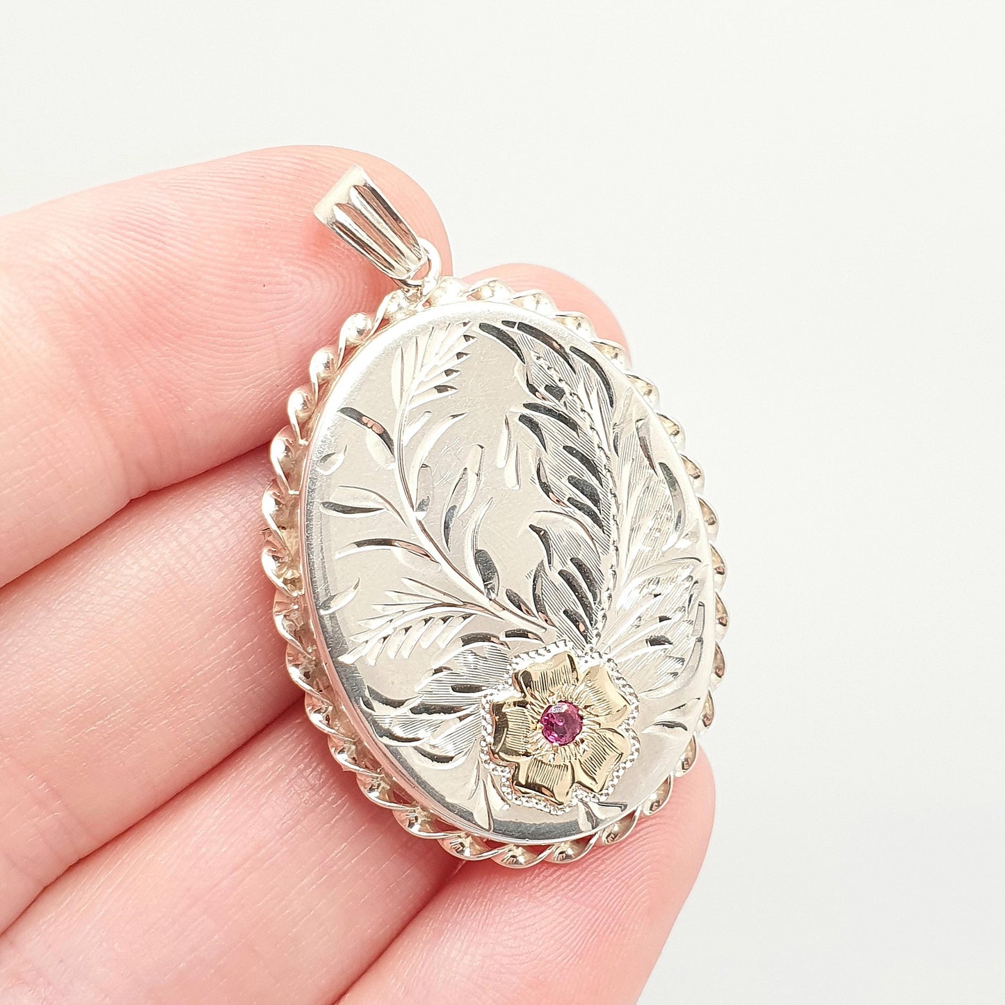 Vintage Sterling Silver Ruby Locket Pendant Necklace Large Oval Flower Gold Highlight Hallmarked Gemstone Picture Photo Jewelry Jewellery