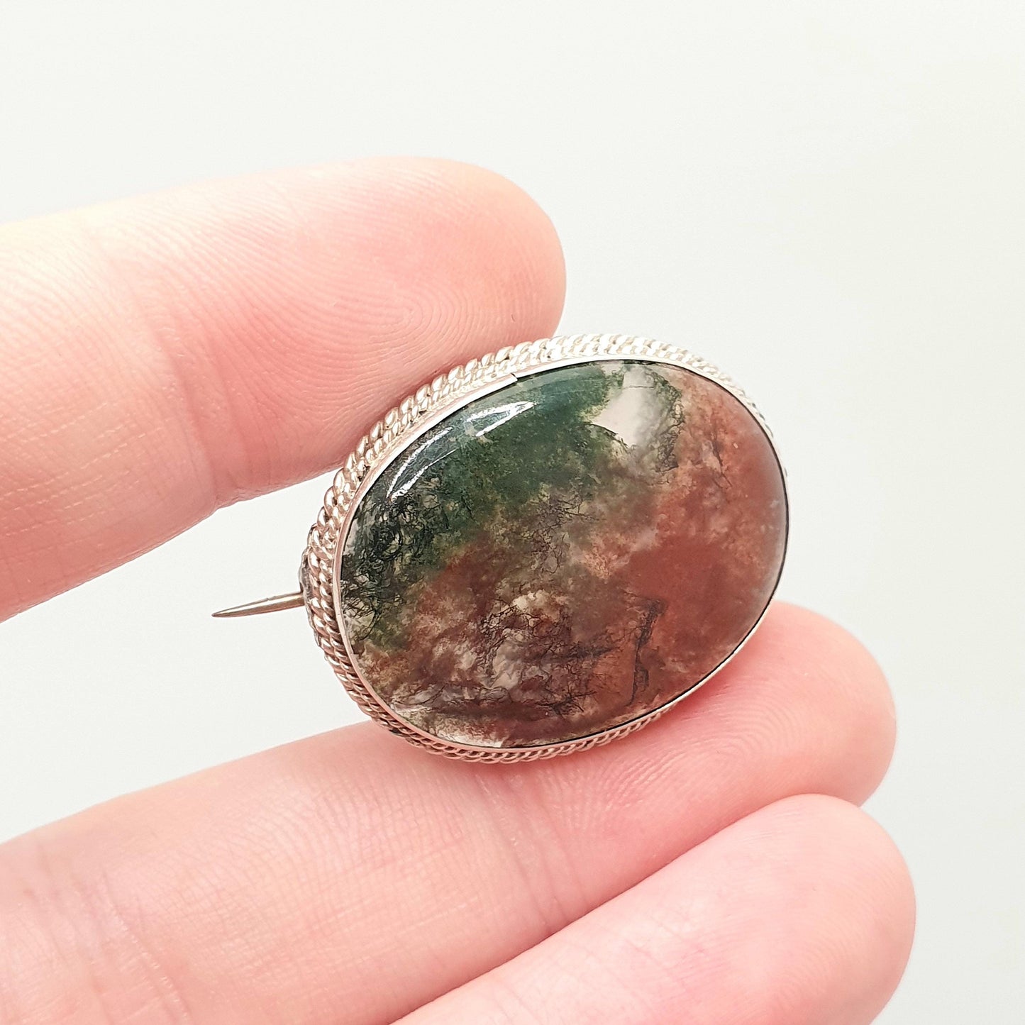 Antique Moss Agate Solid Silver Brooch Art Deco Natural Quartz Veined Oval Vintage 1920s Rare Gemstone Ladies Womens Jewelry Jewellery