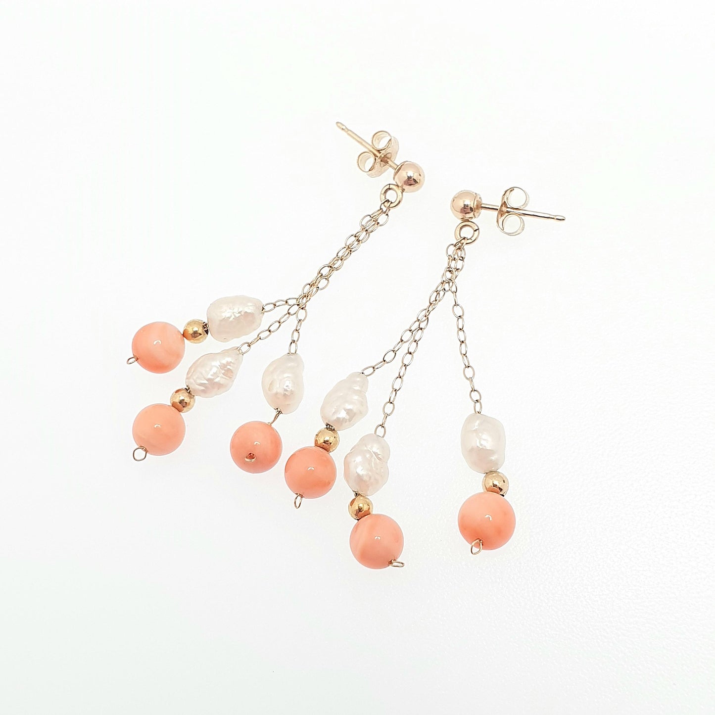 Vintage 9k 9ct Gold Coral Earrings Freshwater Pearl Tassel Hanging Stud Solid 375 9kt Bead Elegant Womens Ladies Retro Jewelry Jewellery