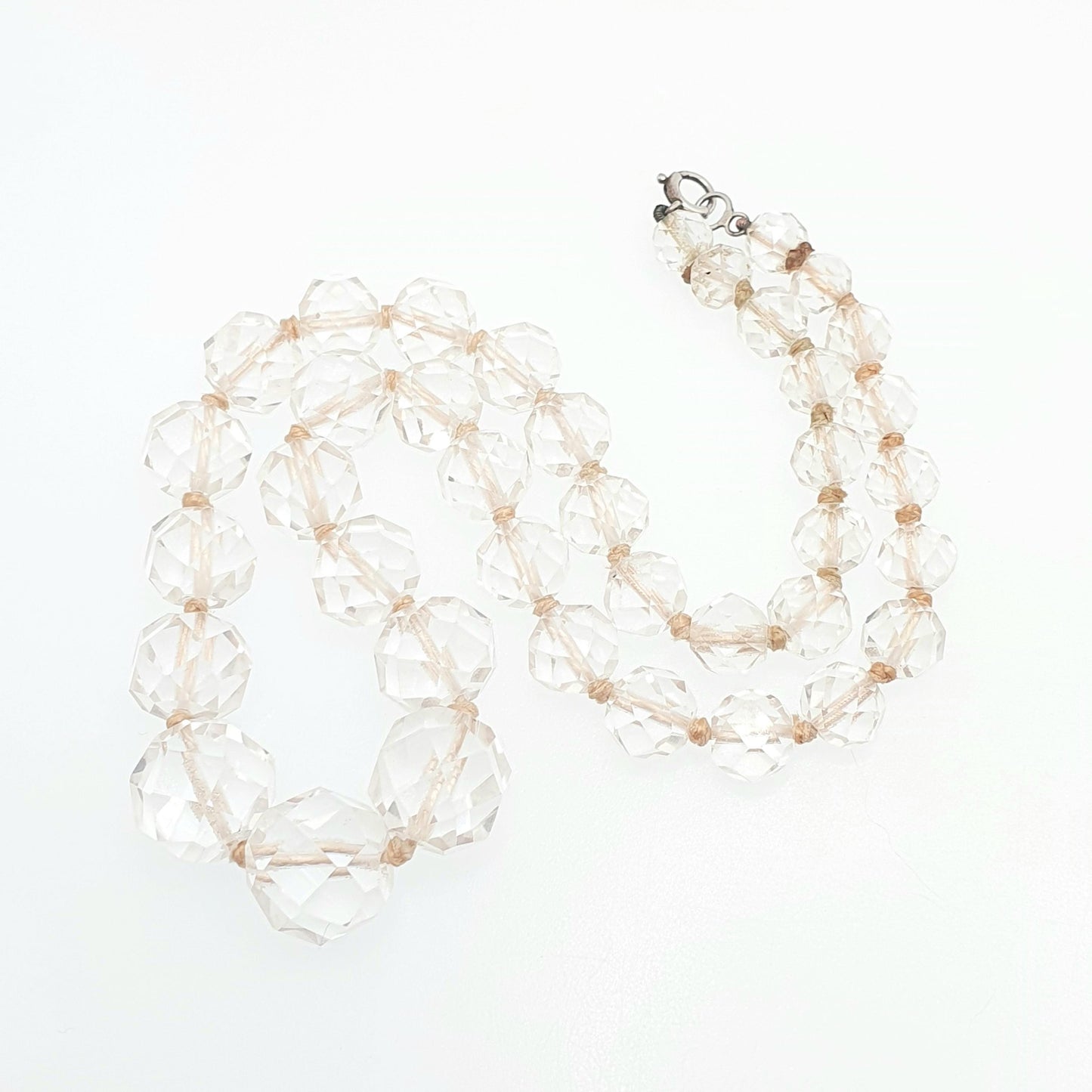 Antique Rock Crystal Quartz Bead Necklace Solid Silver Pools of Light Faceted Genuine Real White Gemstone Fine Vintage Jewelry Jewellery