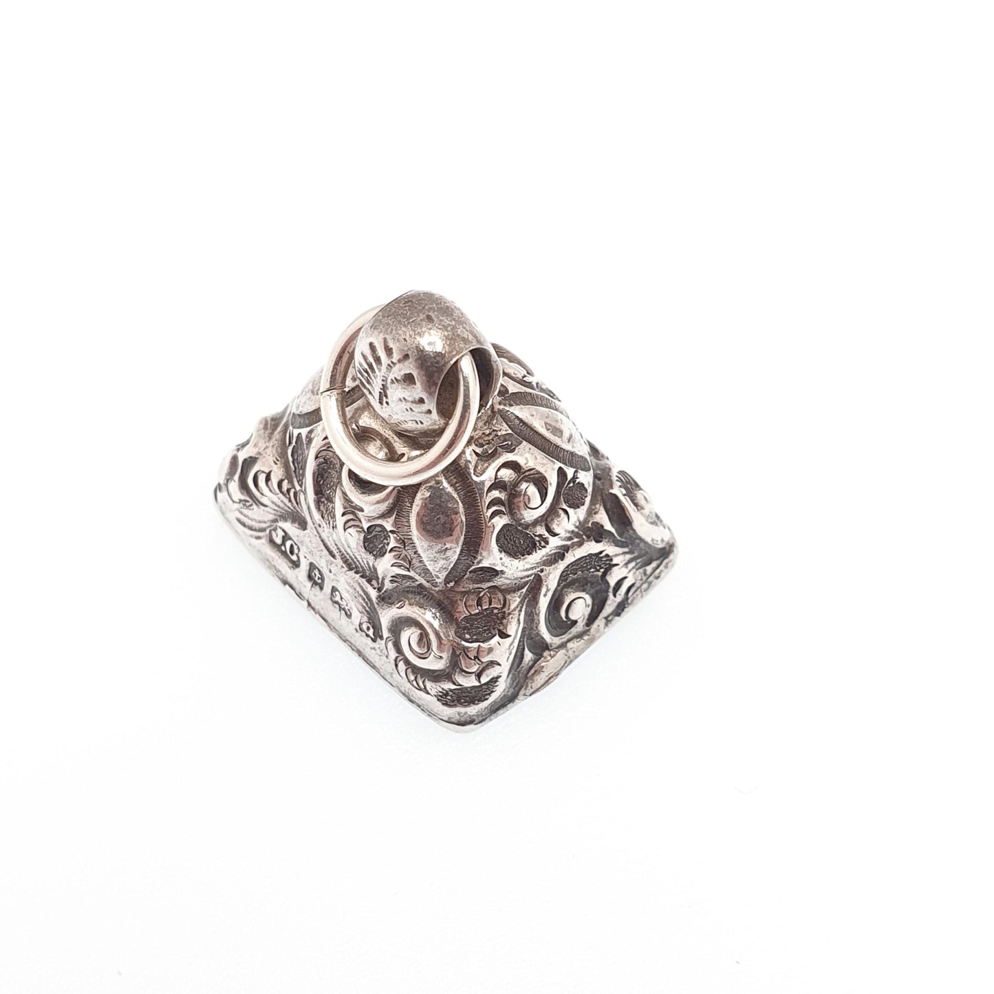 Antique Sterling Silver Seal Fob Pendant Necklace White Chalcedony 1903 Hallmark Gemstone Chunky Chased Vintage Womans Jewellery Jewelry