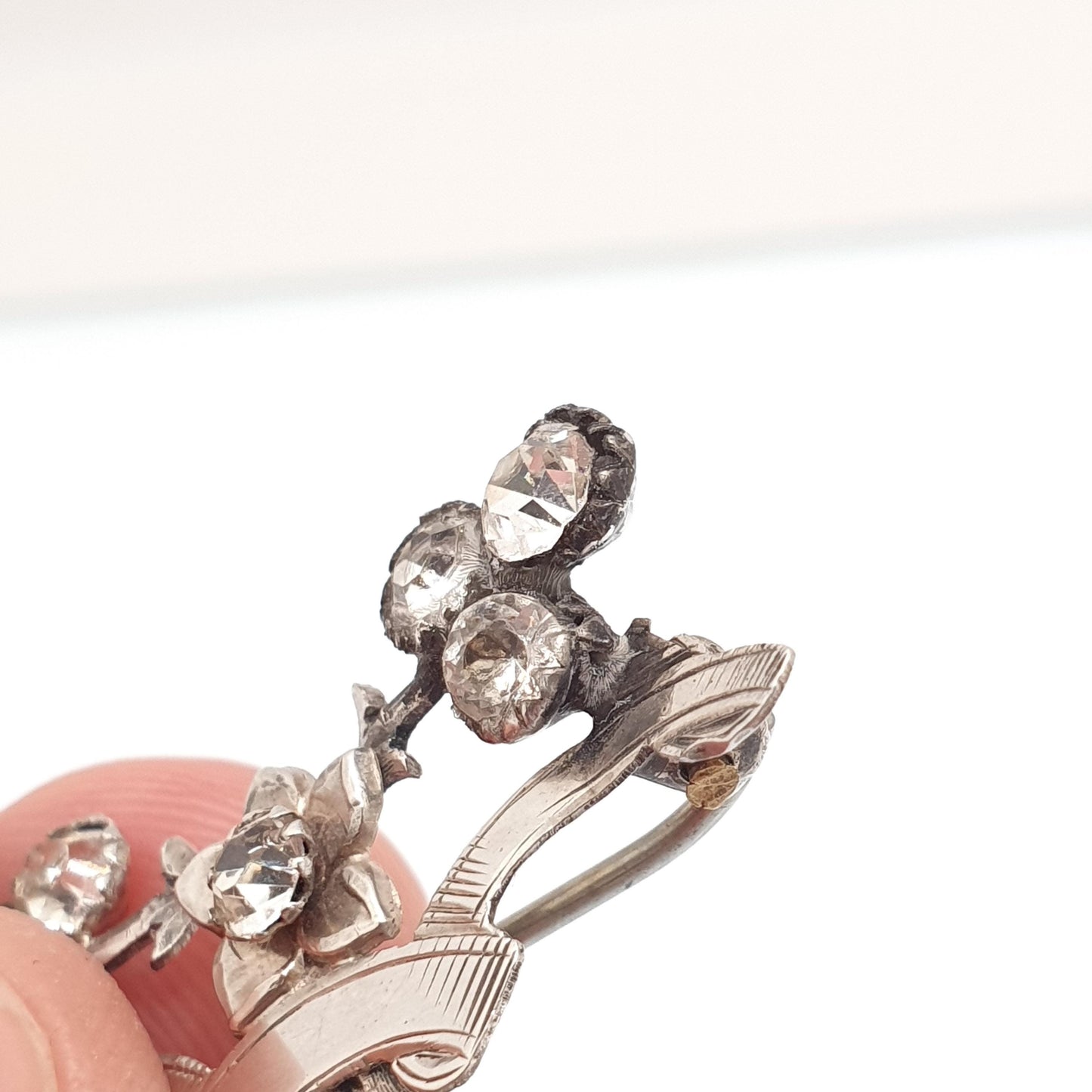 Antique Victorian Solid Silver Diamond Paste Brooch Art Nouveau Pin Scroll Old Cut Solid Backed 1800s Sparkly Vintage Jewellery Jewelry
