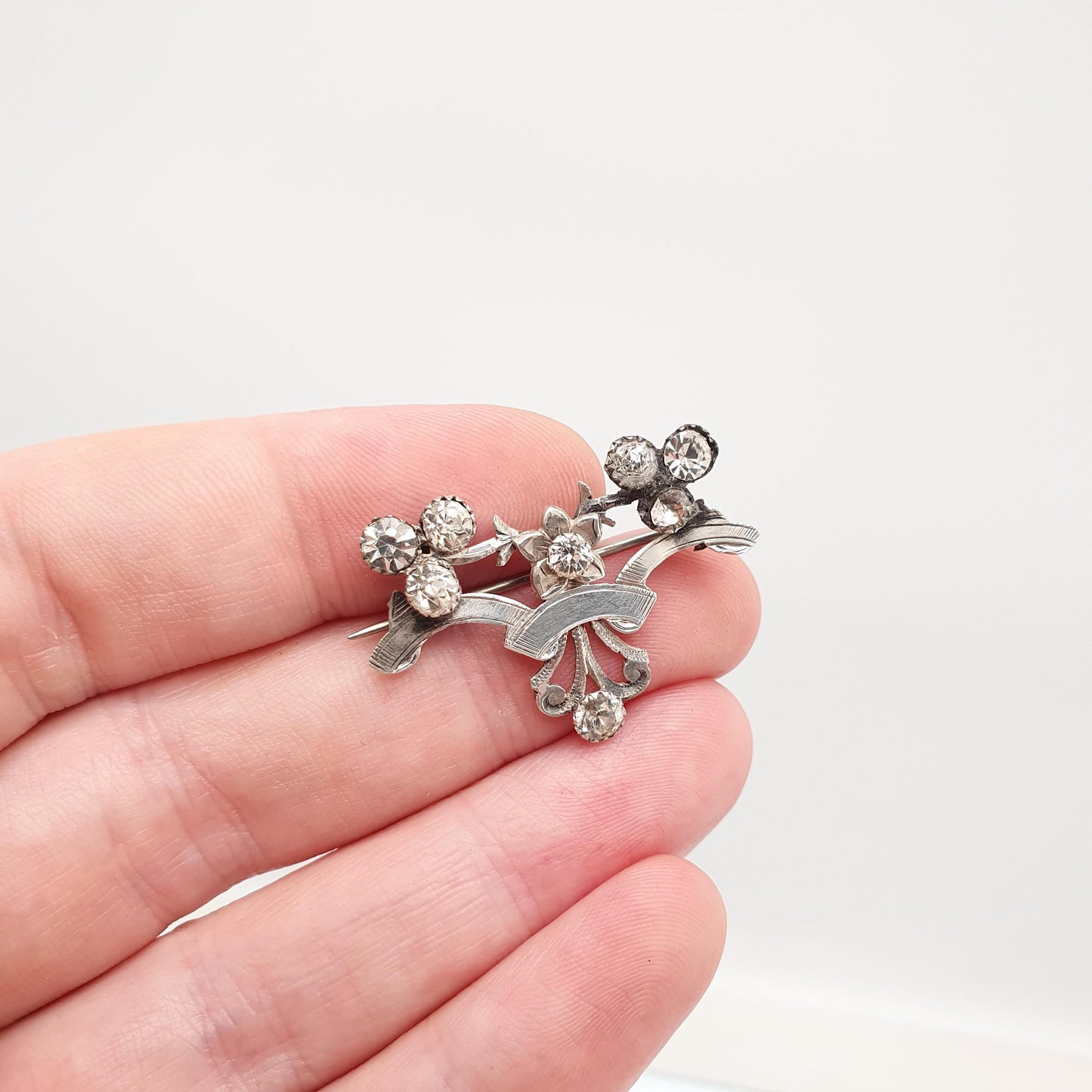 Antique Victorian Solid Silver Diamond Paste Brooch Art Nouveau Pin Scroll Old Cut Solid Backed 1800s Sparkly Vintage Jewellery Jewelry