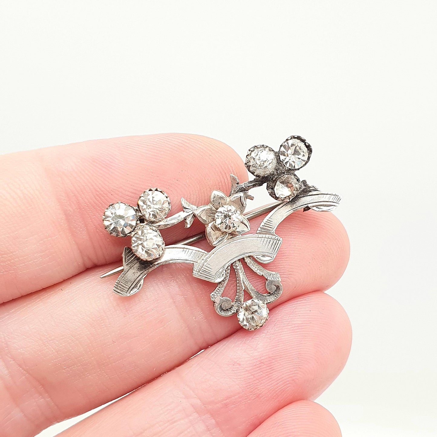 Antique Victorian Solid Silver Diamond Paste Brooch Art Nouveau Pin Scroll Old Cut Solid Backed 1800s Sparkly Vintage Jewellery Jewelry