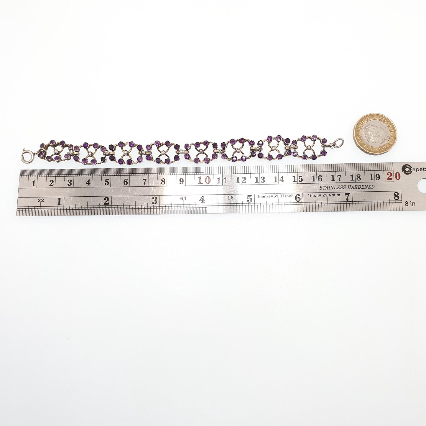 Antique Victorian Solid Silver Amethyst Bracelet Seed Pearl Links Natural Gemstone Fine Quartz Estate 1800s Vintage Womens Jewelry Jewellery