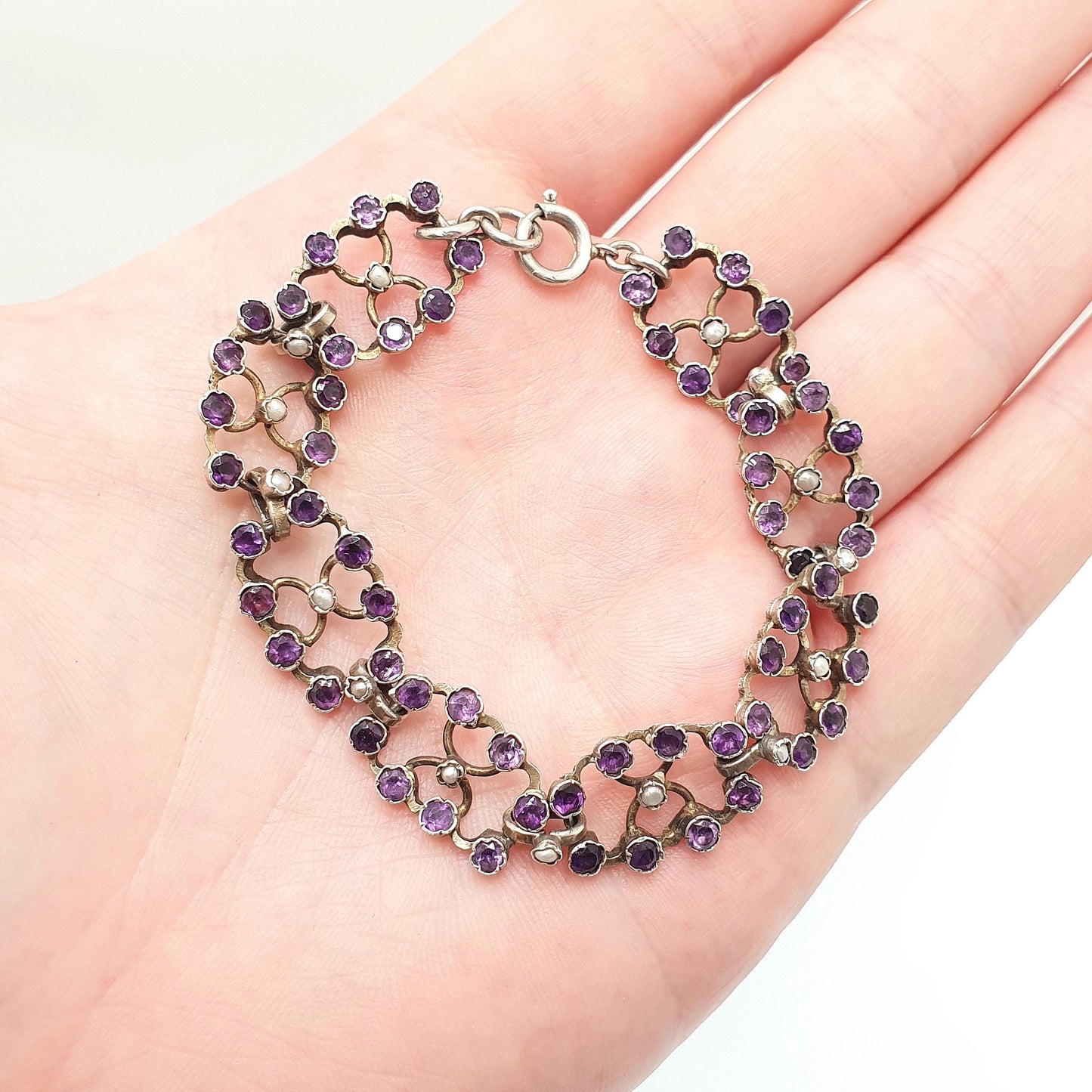 Antique Victorian Solid Silver Amethyst Bracelet Seed Pearl Links Natural Gemstone Fine Quartz Estate 1800s Vintage Womens Jewelry Jewellery