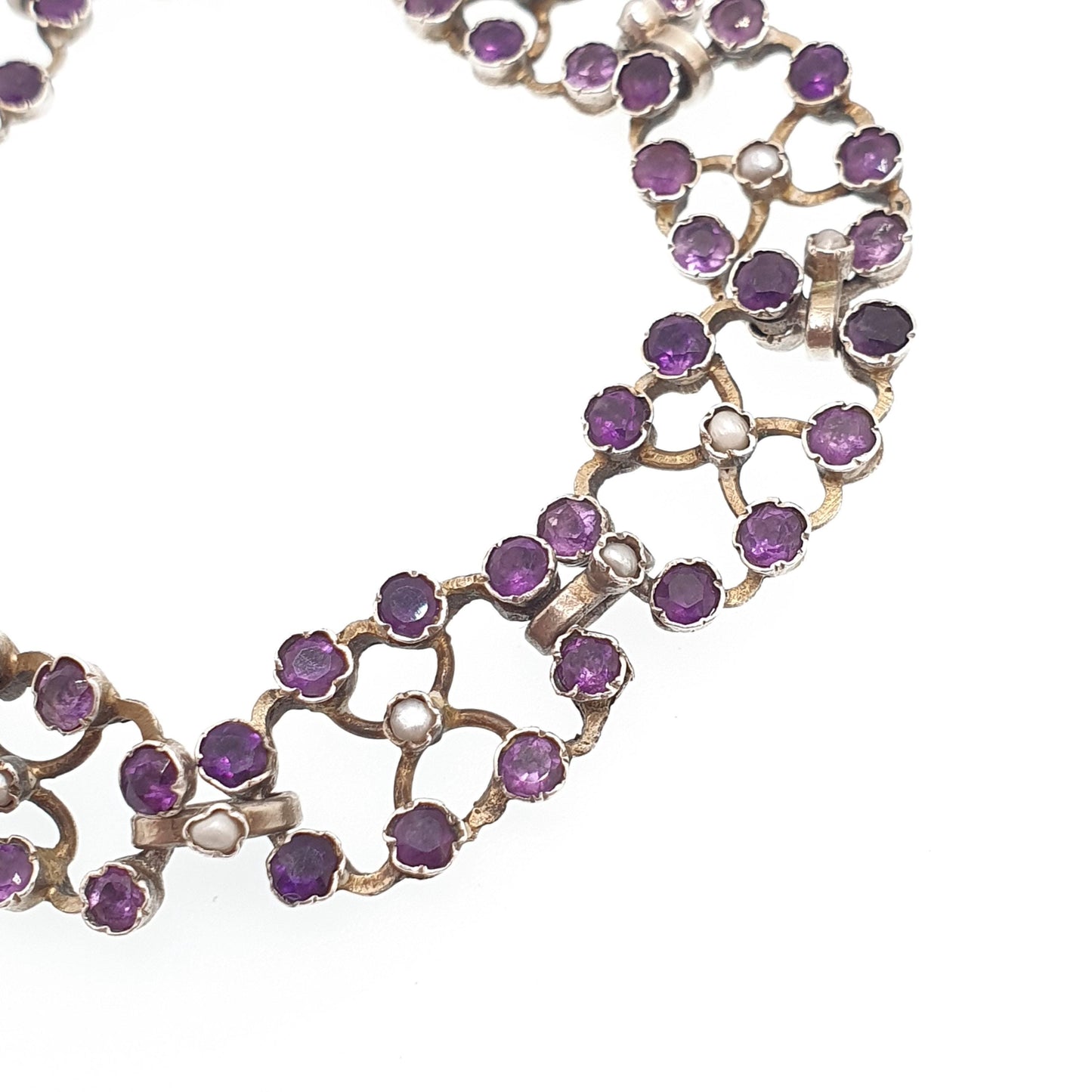 Antique Victorian Solid Silver Amethyst Bracelet Seed Pearl Links Natural Gemstone Fine Quartz Estate 1800s Vintage Womens Jewelry Jewellery