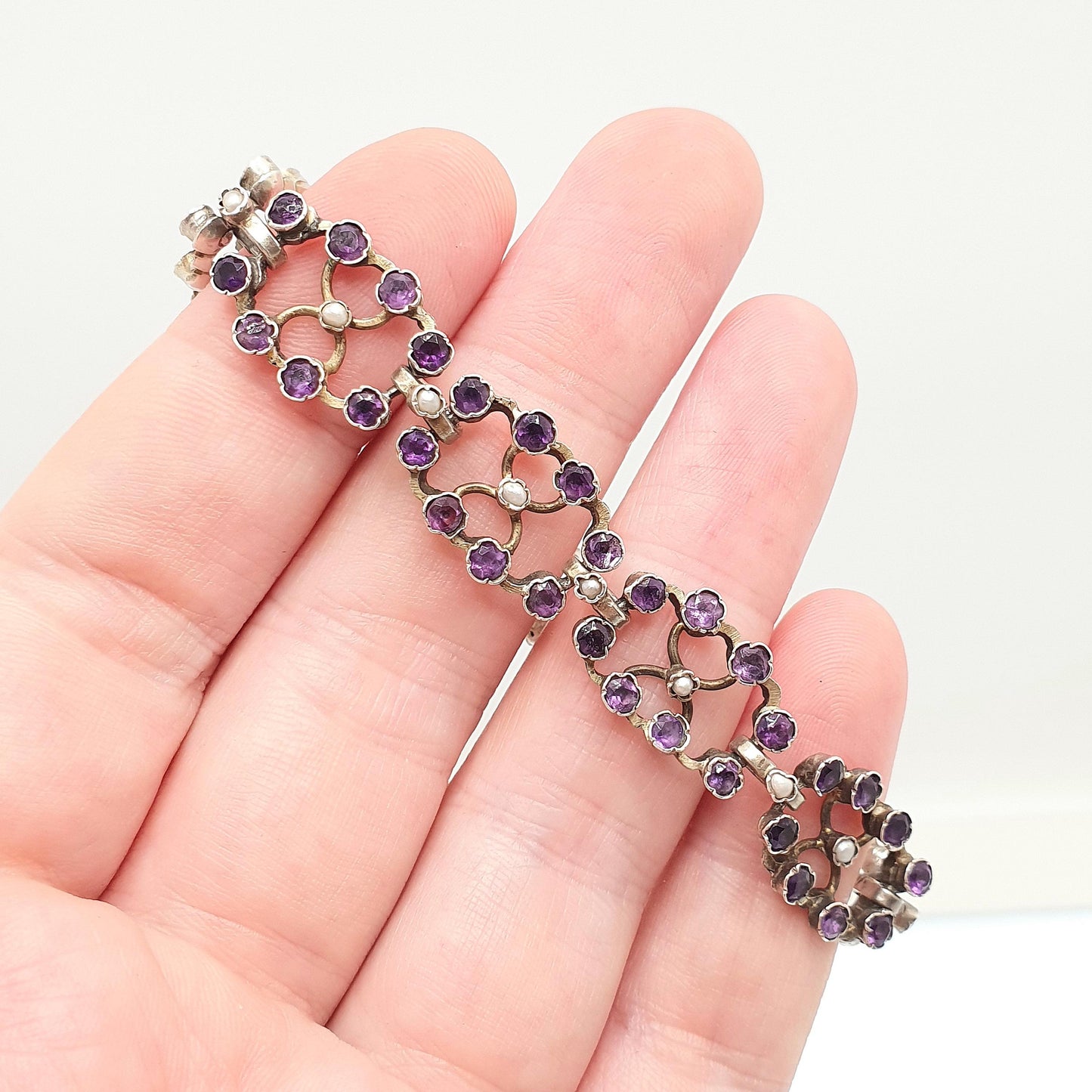 Antique Victorian Solid Silver Amethyst Bracelet Seed Pearl Links Natural Gemstone Fine Quartz Estate 1800s Vintage Womens Jewelry Jewellery