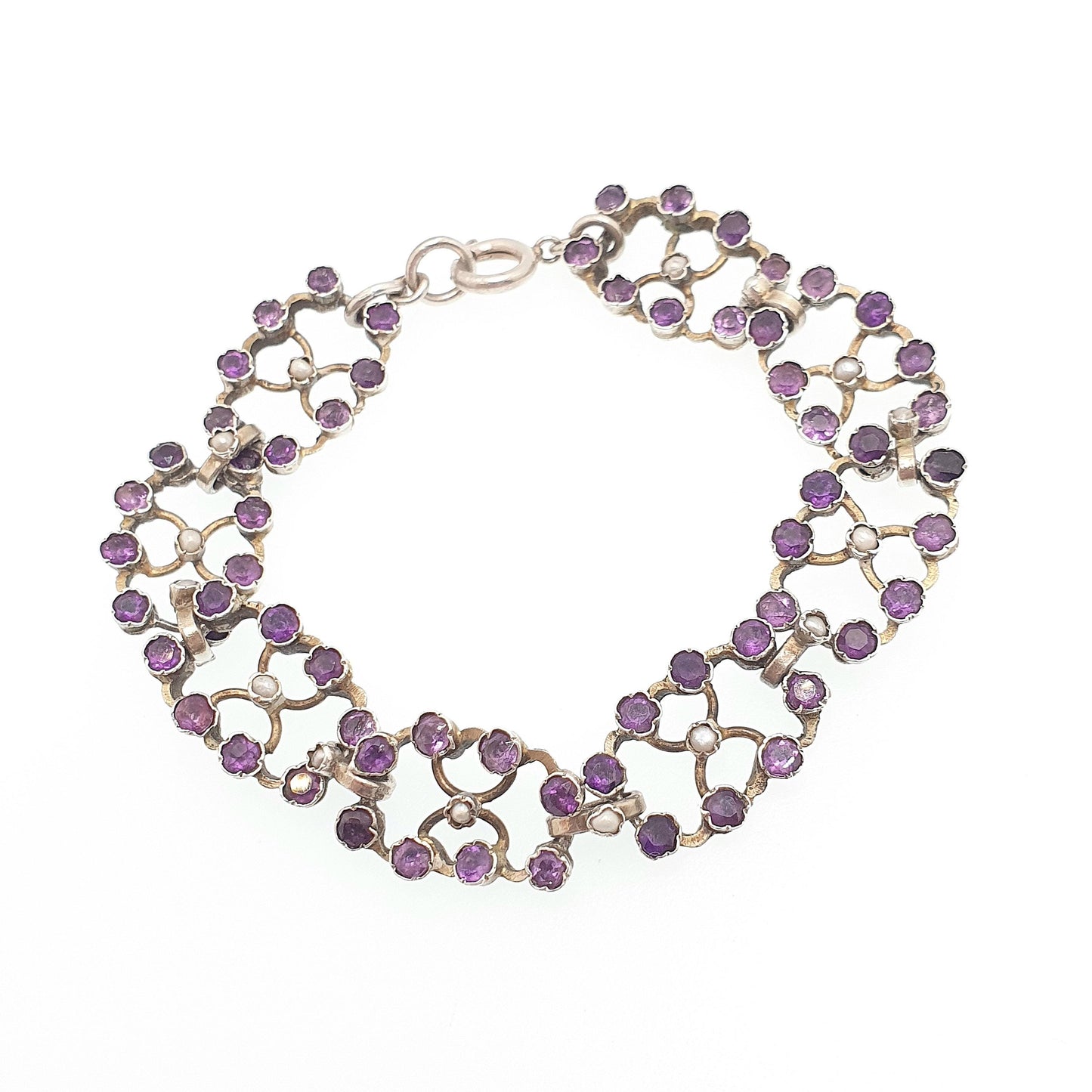 Antique Victorian Solid Silver Amethyst Bracelet Seed Pearl Links Natural Gemstone Fine Quartz Estate 1800s Vintage Womens Jewelry Jewellery