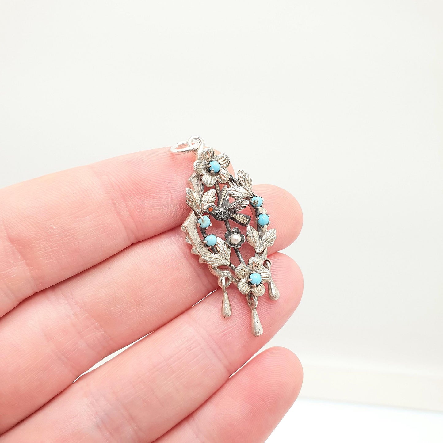 Antique Sterling Silver Bird Pendant Necklace Faux Turquoise Seed Pearl Songbird Sweetheart Tassel 925 Vintage Womens Jewellery Jewelry