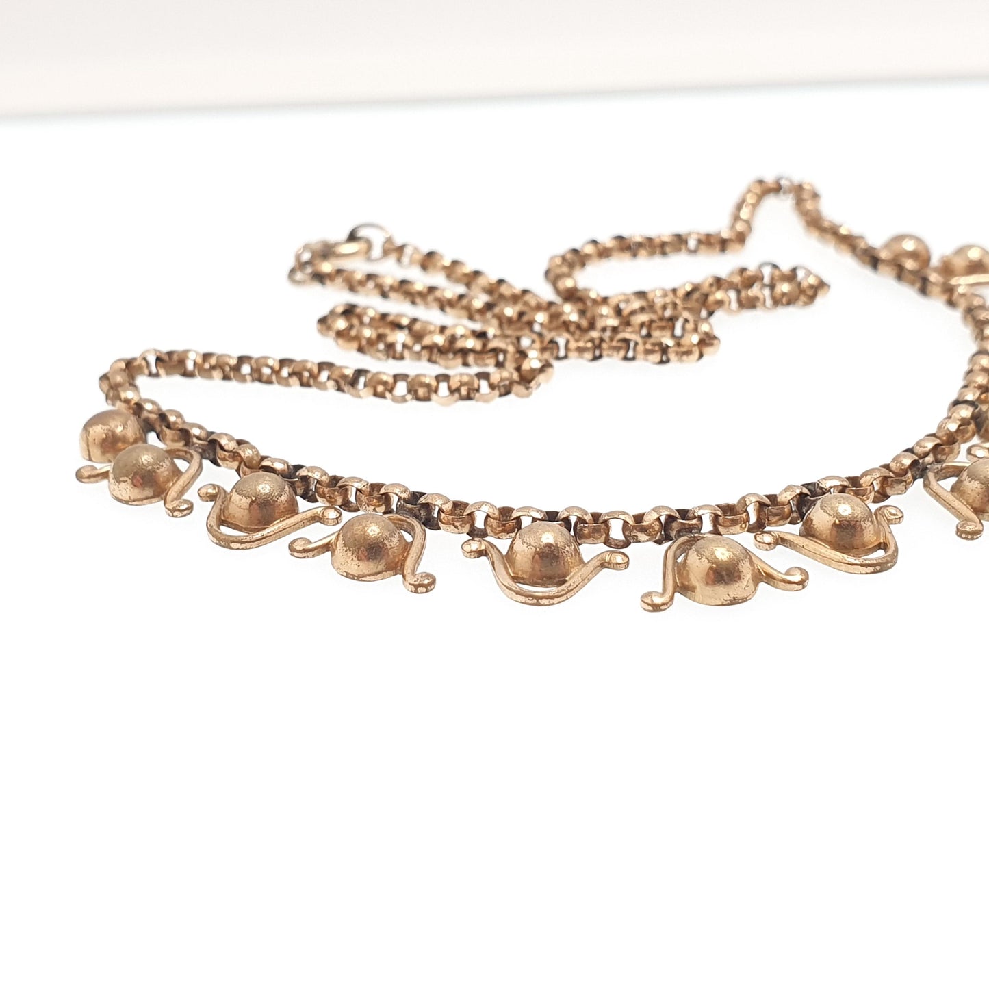 Antique Victorian Rolled Gold Necklace Festoon Style Bead and Wave 41cm 16.1" 9.31g Collar 1800s Old Vintage Womens Jewelry Jewellery