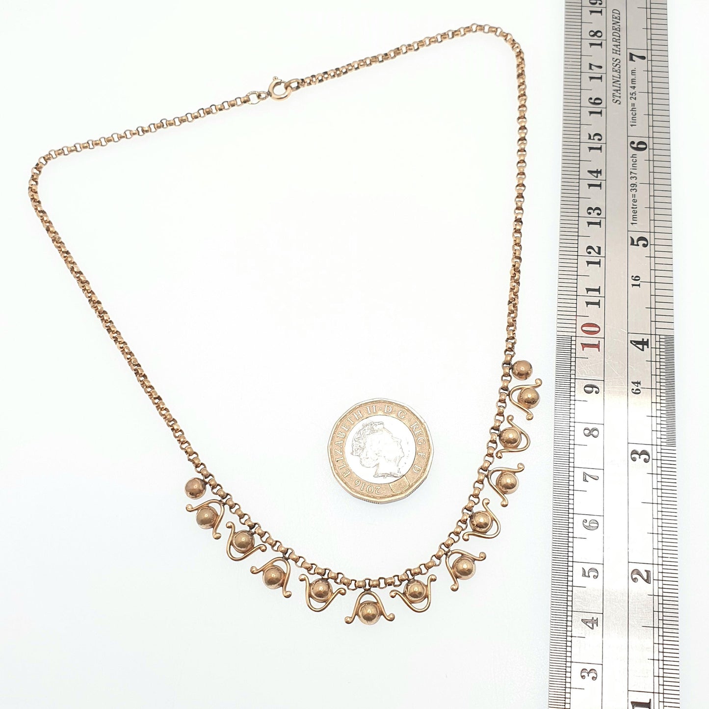 Antique Victorian Rolled Gold Necklace Festoon Style Bead and Wave 41cm 16.1" 9.31g Collar 1800s Old Vintage Womens Jewelry Jewellery