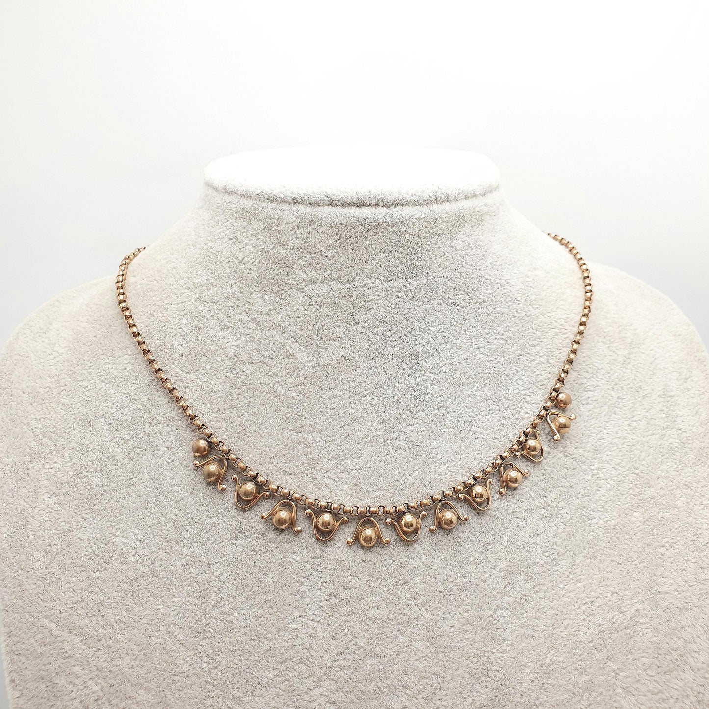 Antique Victorian Rolled Gold Necklace Festoon Style Bead and Wave 41cm 16.1" 9.31g Collar 1800s Old Vintage Womens Jewelry Jewellery