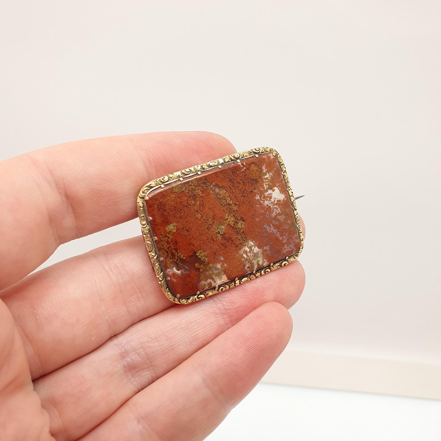 Antique Victorian Rolled Gold Jasper Brooch Red Yellow Agate Quartz Genuine Large Big Gemstone Old Vintage Jewelry Jewellery 1800s Womens