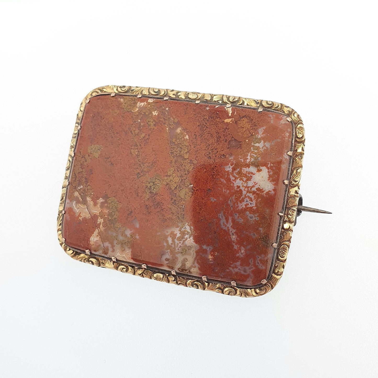 Antique Victorian Rolled Gold Jasper Brooch Red Yellow Agate Quartz Genuine Large Big Gemstone Old Vintage Jewelry Jewellery 1800s Womens
